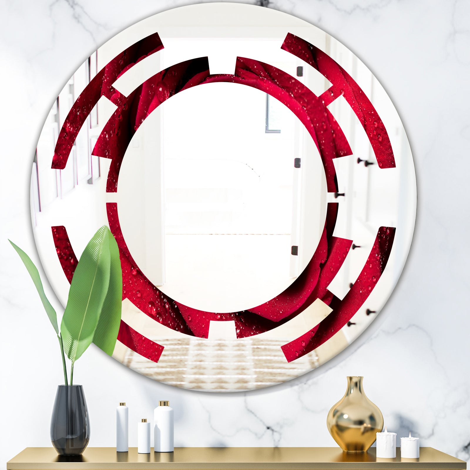 Red Rose Petals with Rain Droplets - Modern Round or Oval Wall Mirror - Space