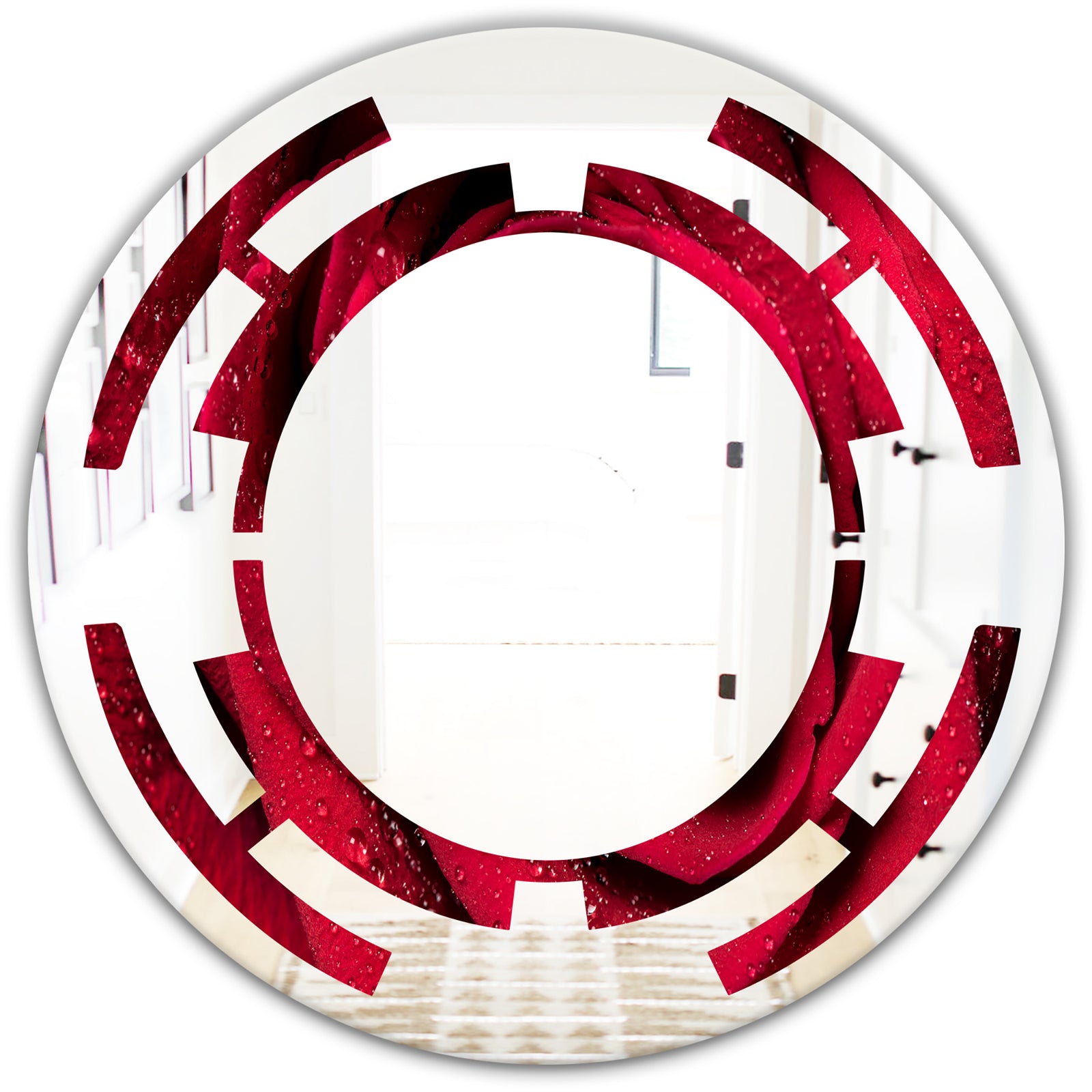 Red Rose Petals with Rain Droplets - Modern Round or Oval Wall Mirror - Space