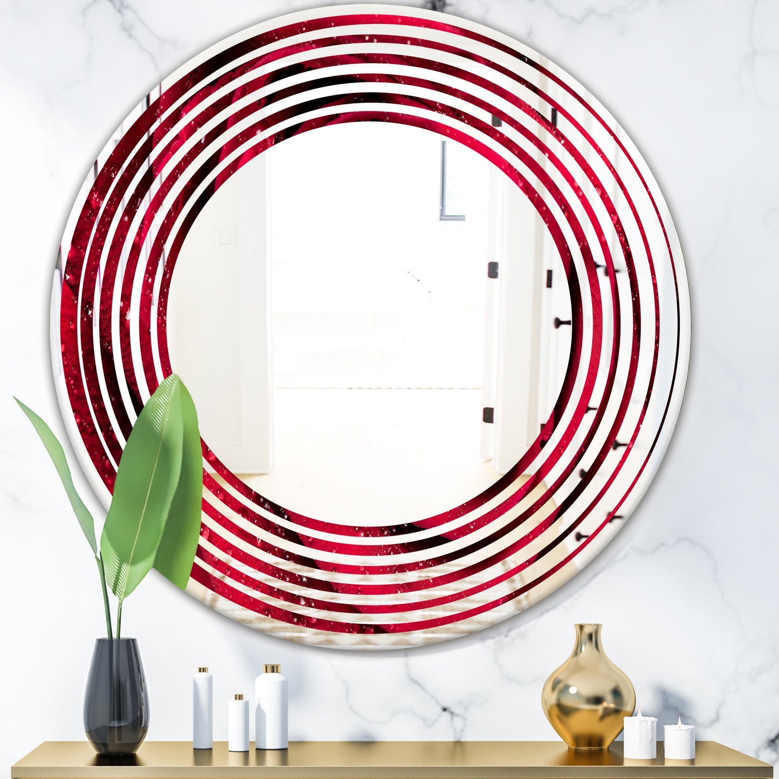 Red Rose Petals with Rain Droplets - Modern Round or Oval Wall Mirror - Wave