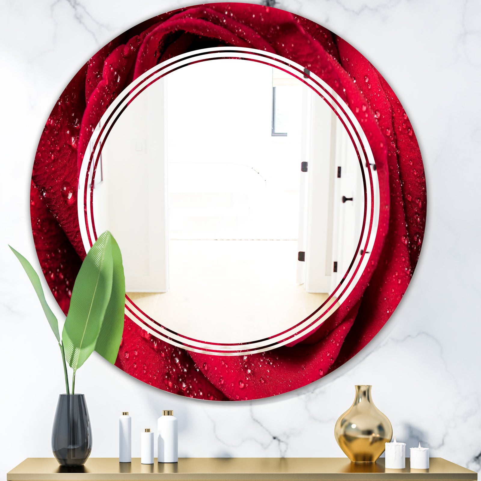 Red Rose Petals with Rain Droplets - Modern Round or Oval Wall Mirror - Triple C