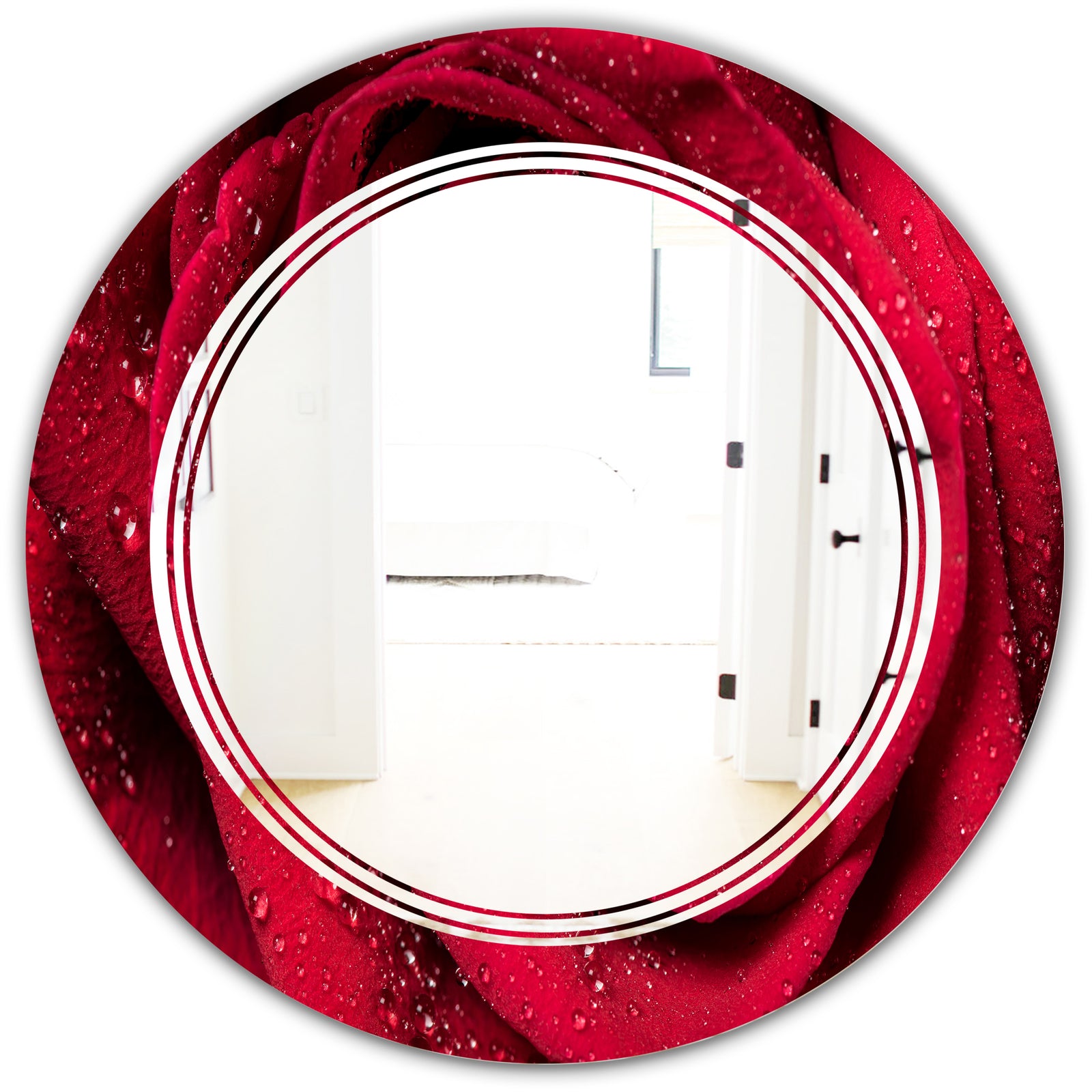 Red Rose Petals with Rain Droplets - Modern Round or Oval Wall Mirror - Triple C