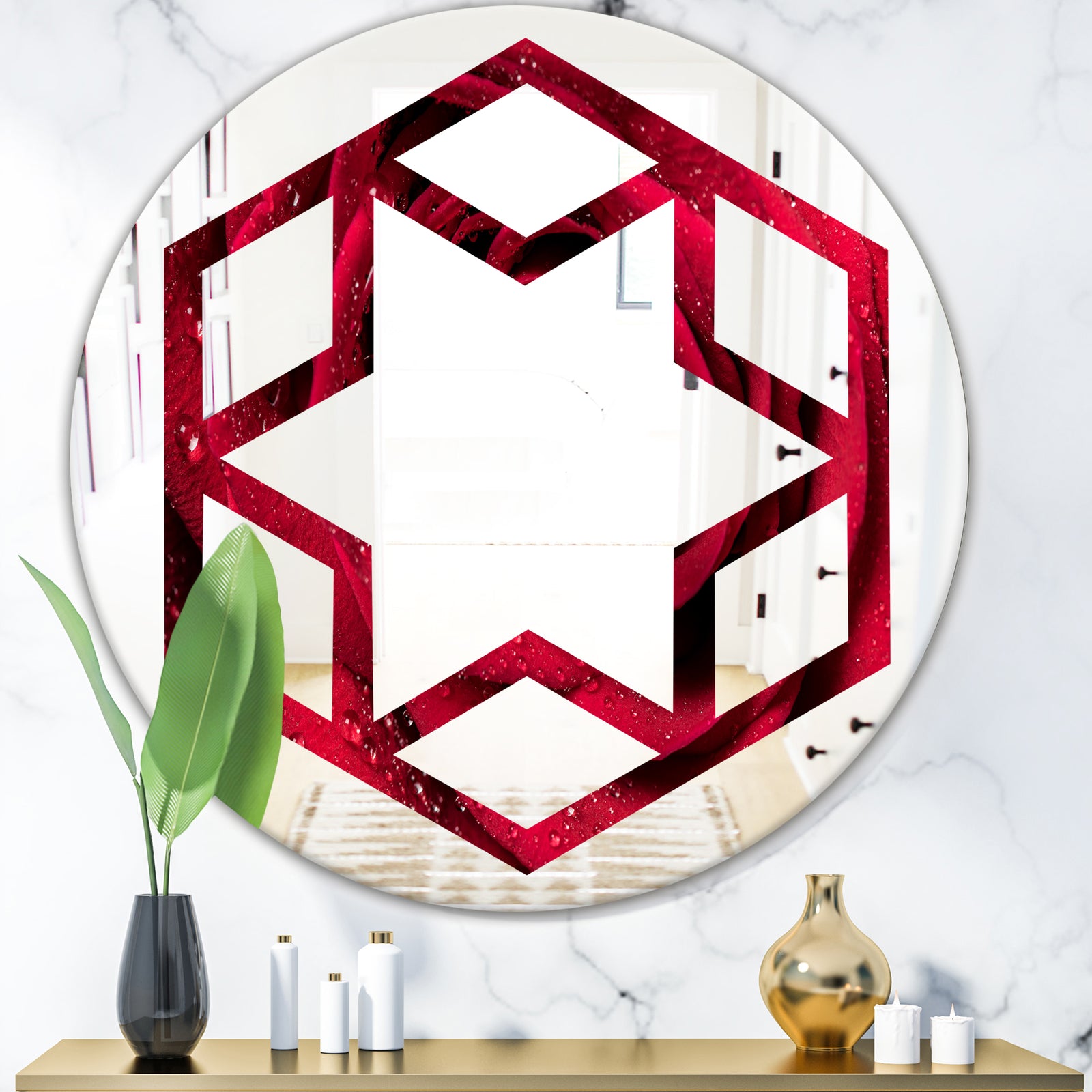 Red Rose Petals with Rain Droplets - Modern Round or Oval Wall Mirror - Hexagon Star