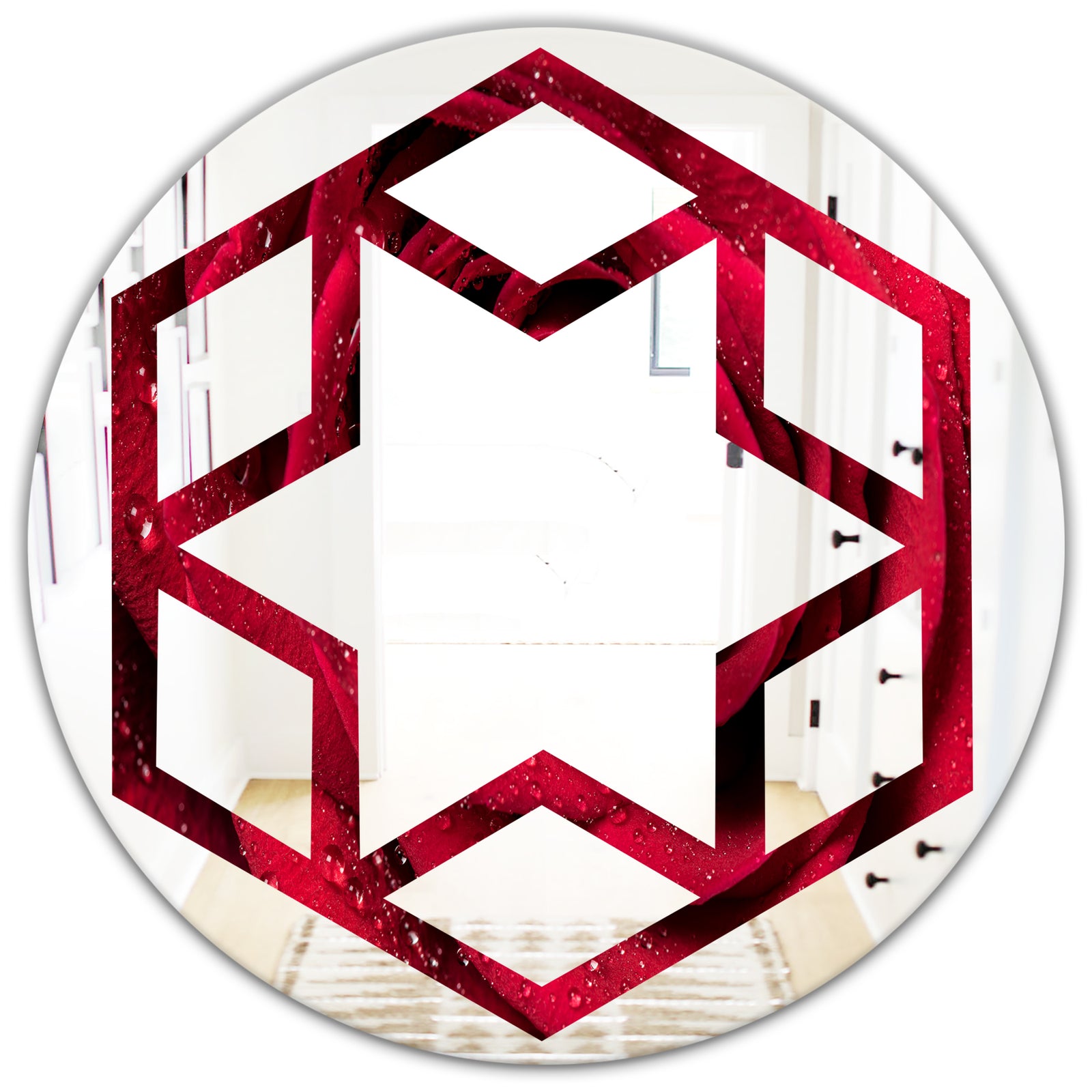 Red Rose Petals with Rain Droplets - Modern Round or Oval Wall Mirror - Hexagon Star