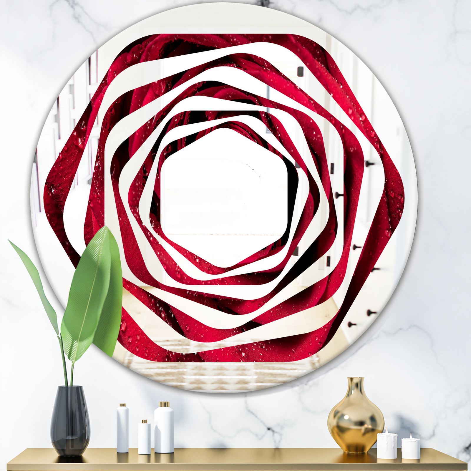 Red Rose Petals with Rain Droplets - Modern Round or Oval Wall Mirror - Whirl