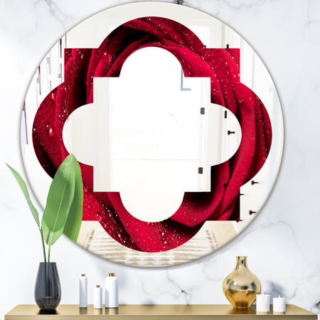 Red Rose Petals with Rain Droplets - Modern Round or Oval Wall Mirror - Quatrefoil
