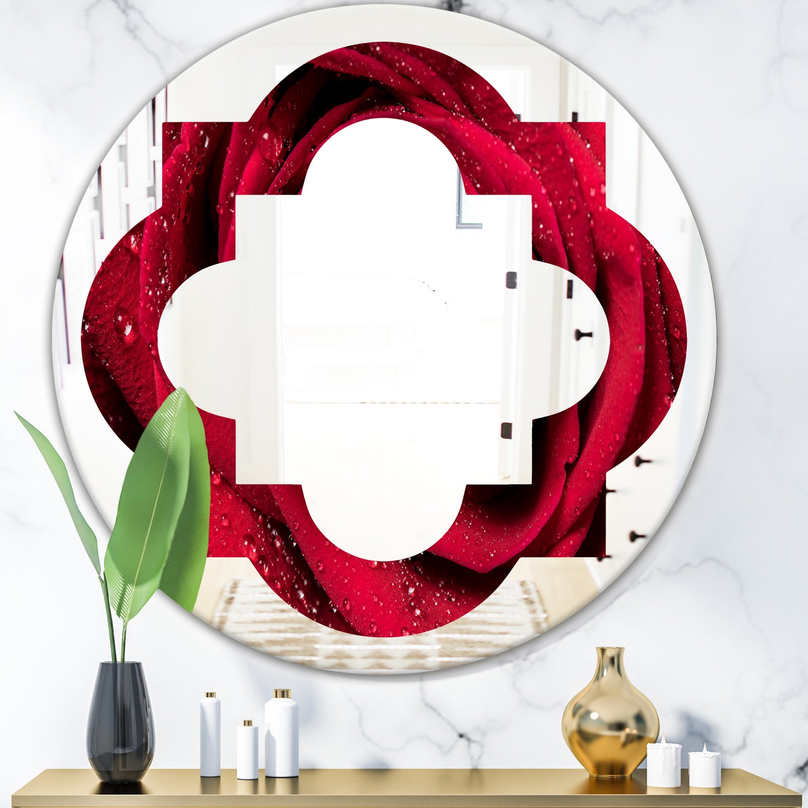 Red Rose Petals with Rain Droplets - Modern Round or Oval Wall Mirror - Quatrefoil