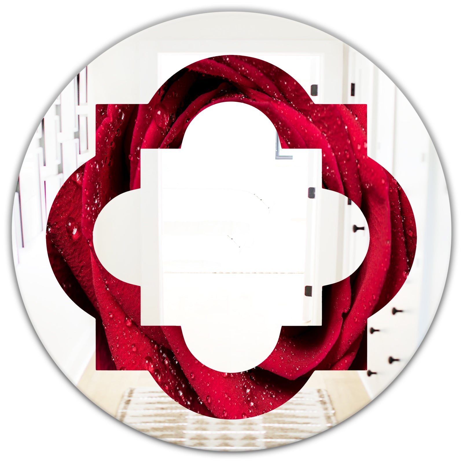 Red Rose Petals with Rain Droplets - Modern Round or Oval Wall Mirror - Quatrefoil