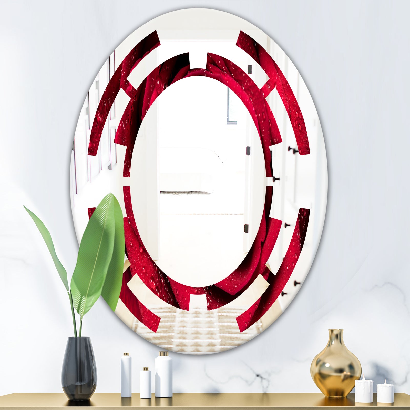 Red Rose Petals with Rain Droplets - Modern Round or Oval Wall Mirror - Space