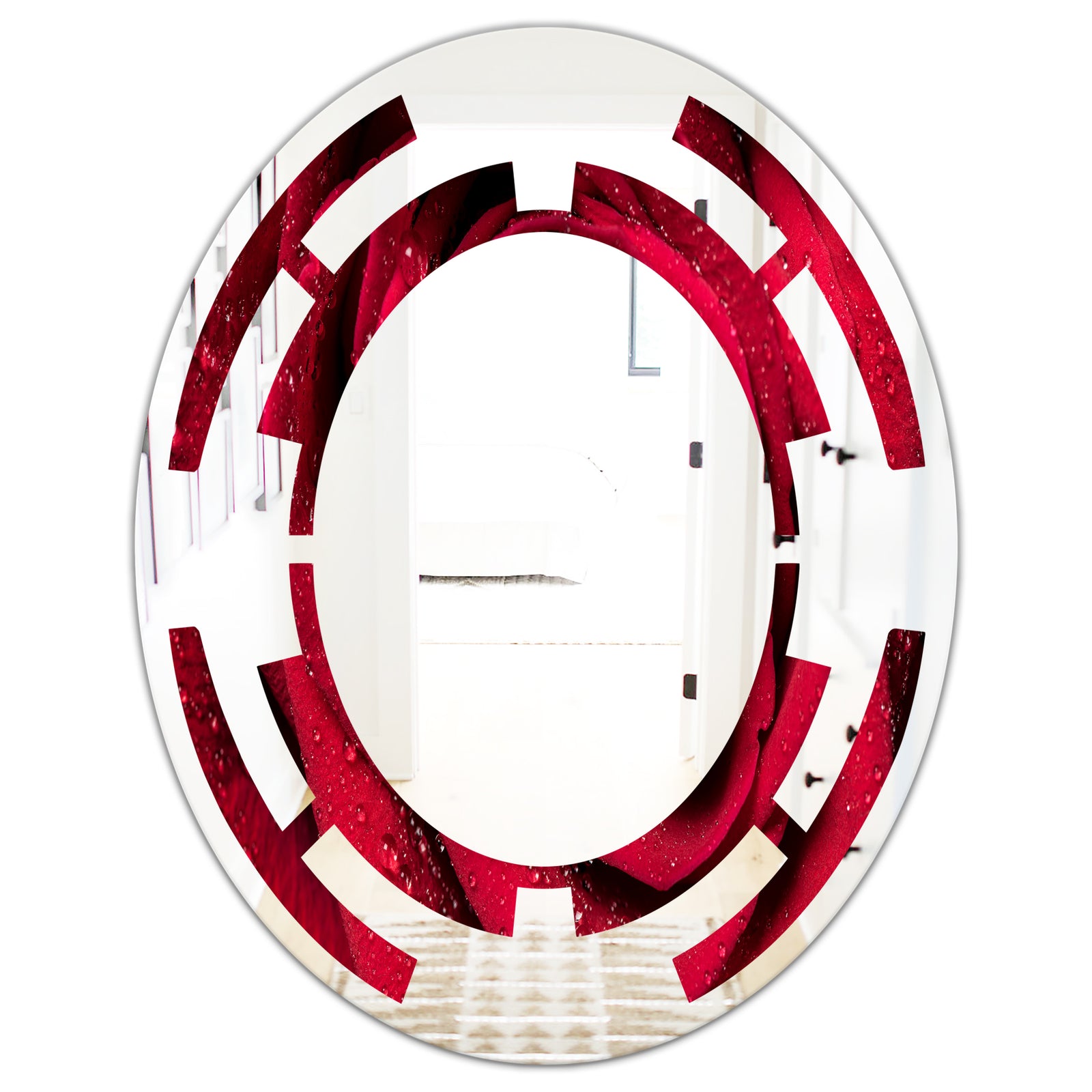Red Rose Petals with Rain Droplets - Modern Round or Oval Wall Mirror - Space