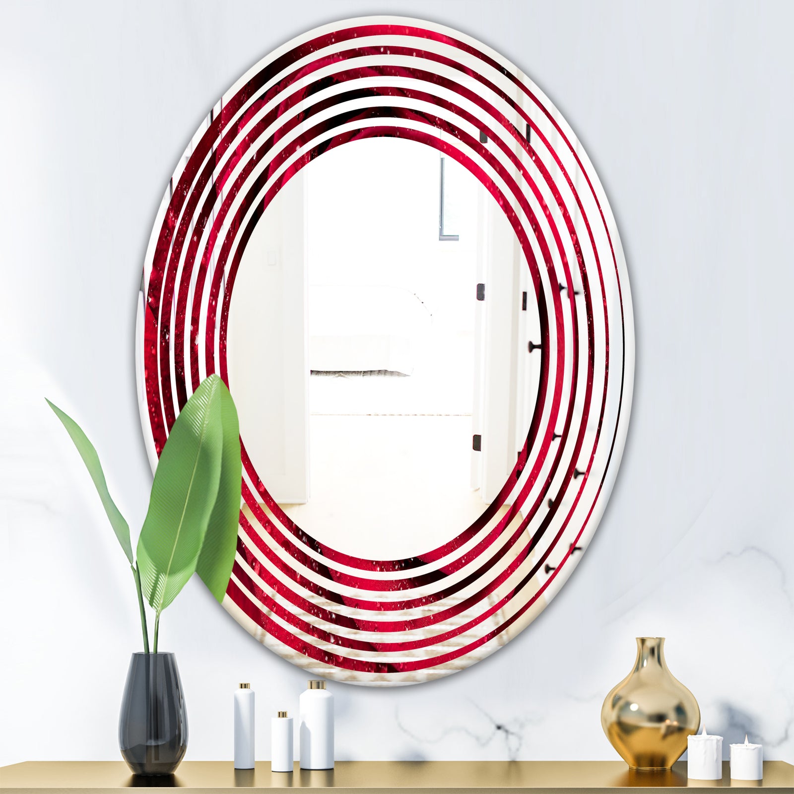 Red Rose Petals with Rain Droplets - Modern Round or Oval Wall Mirror - Wave