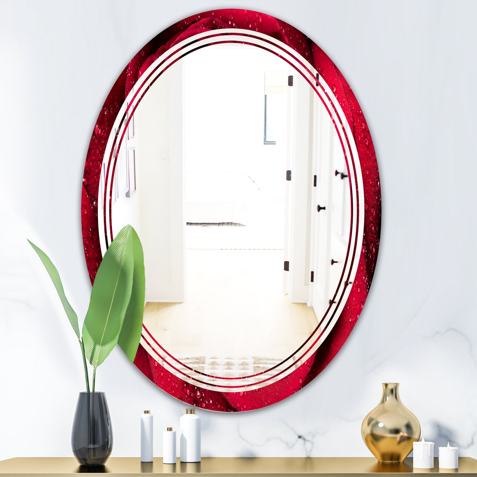 Red Rose Petals with Rain Droplets - Modern Round or Oval Wall Mirror - Triple C