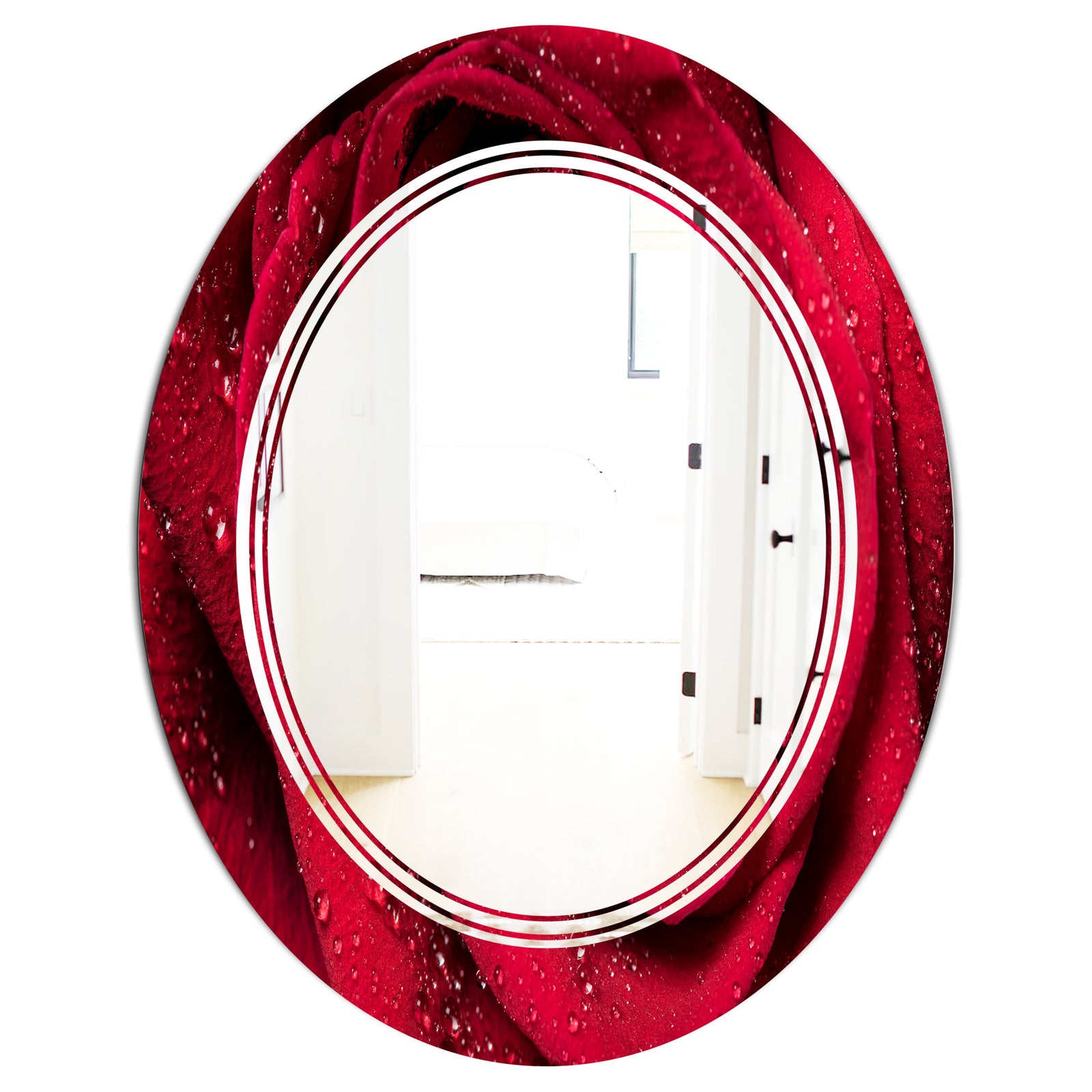 Red Rose Petals with Rain Droplets - Modern Round or Oval Wall Mirror - Triple C