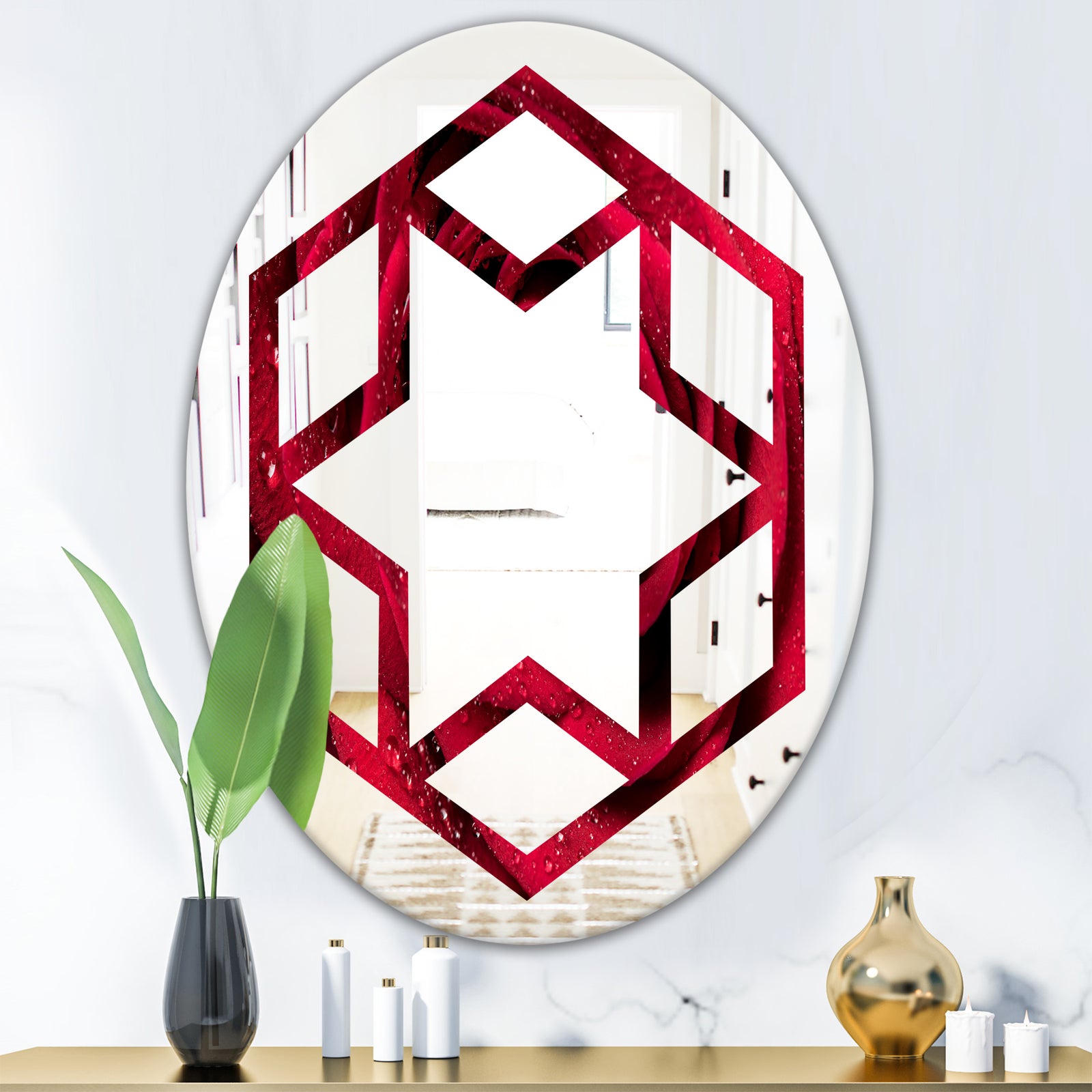 Red Rose Petals with Rain Droplets - Modern Round or Oval Wall Mirror - Hexagon Star