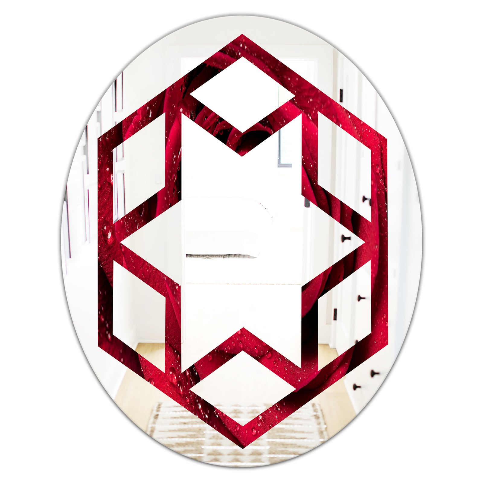 Red Rose Petals with Rain Droplets - Modern Round or Oval Wall Mirror - Hexagon Star