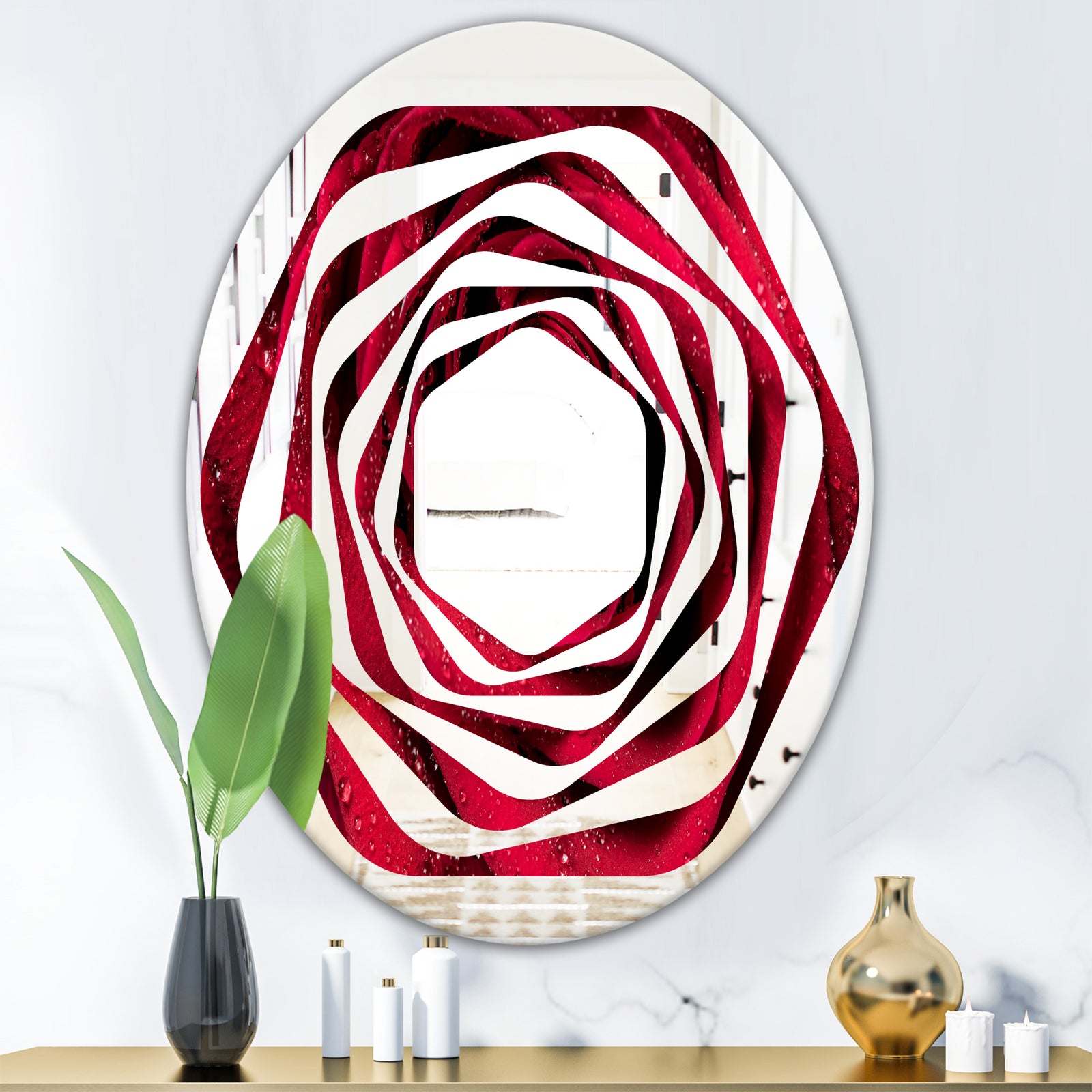Red Rose Petals with Rain Droplets - Modern Round or Oval Wall Mirror - Whirl