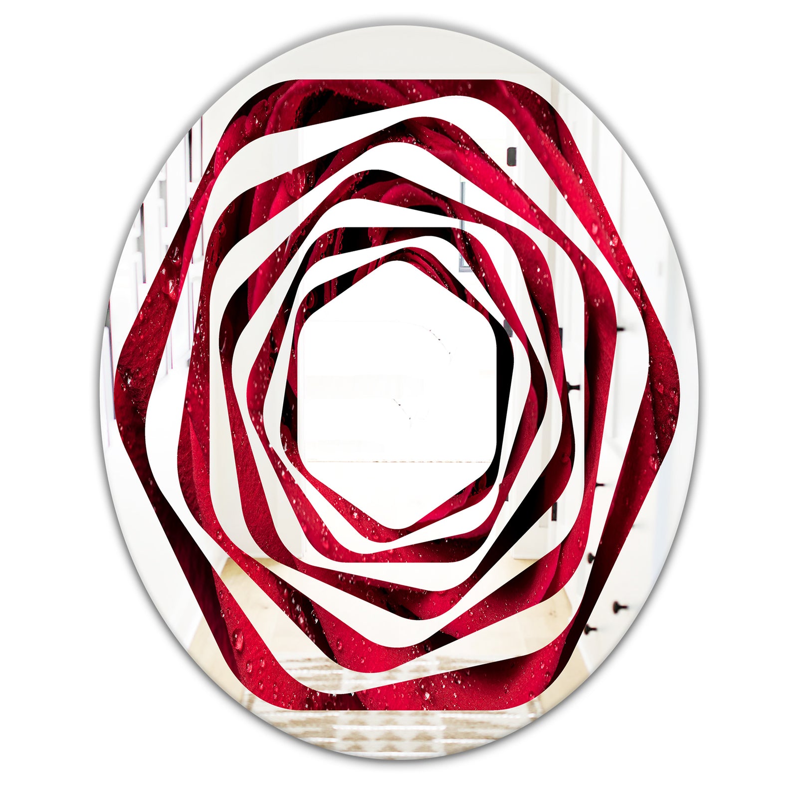 Red Rose Petals with Rain Droplets - Modern Round or Oval Wall Mirror - Whirl