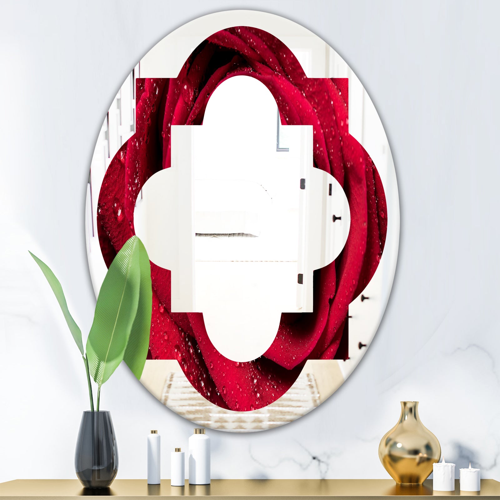 Red Rose Petals with Rain Droplets - Modern Round or Oval Wall Mirror - Quatrefoil