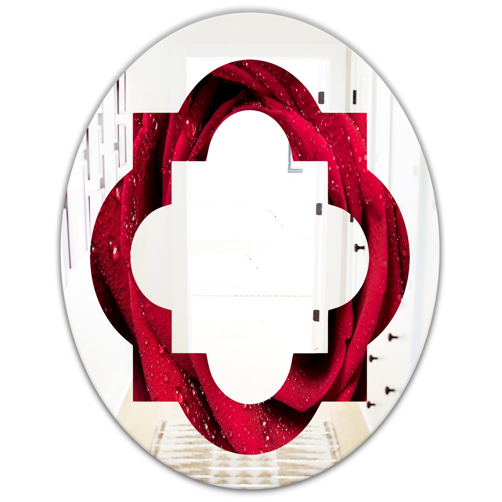 Red Rose Petals with Rain Droplets - Modern Round or Oval Wall Mirror - Quatrefoil
