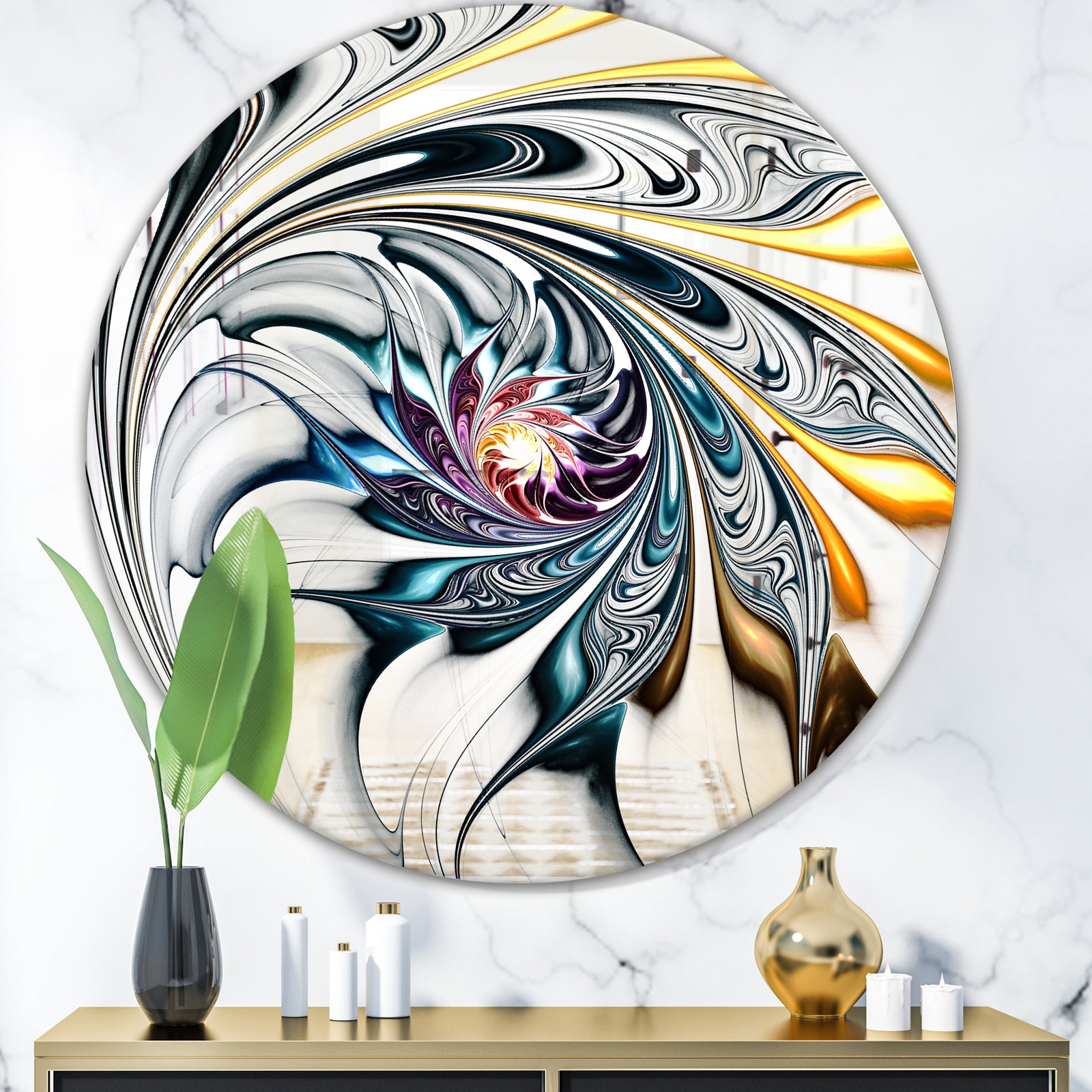 White Stained Glass Floral Art - Modern Mirror - Contemporary Oval or Round Wall Mirror