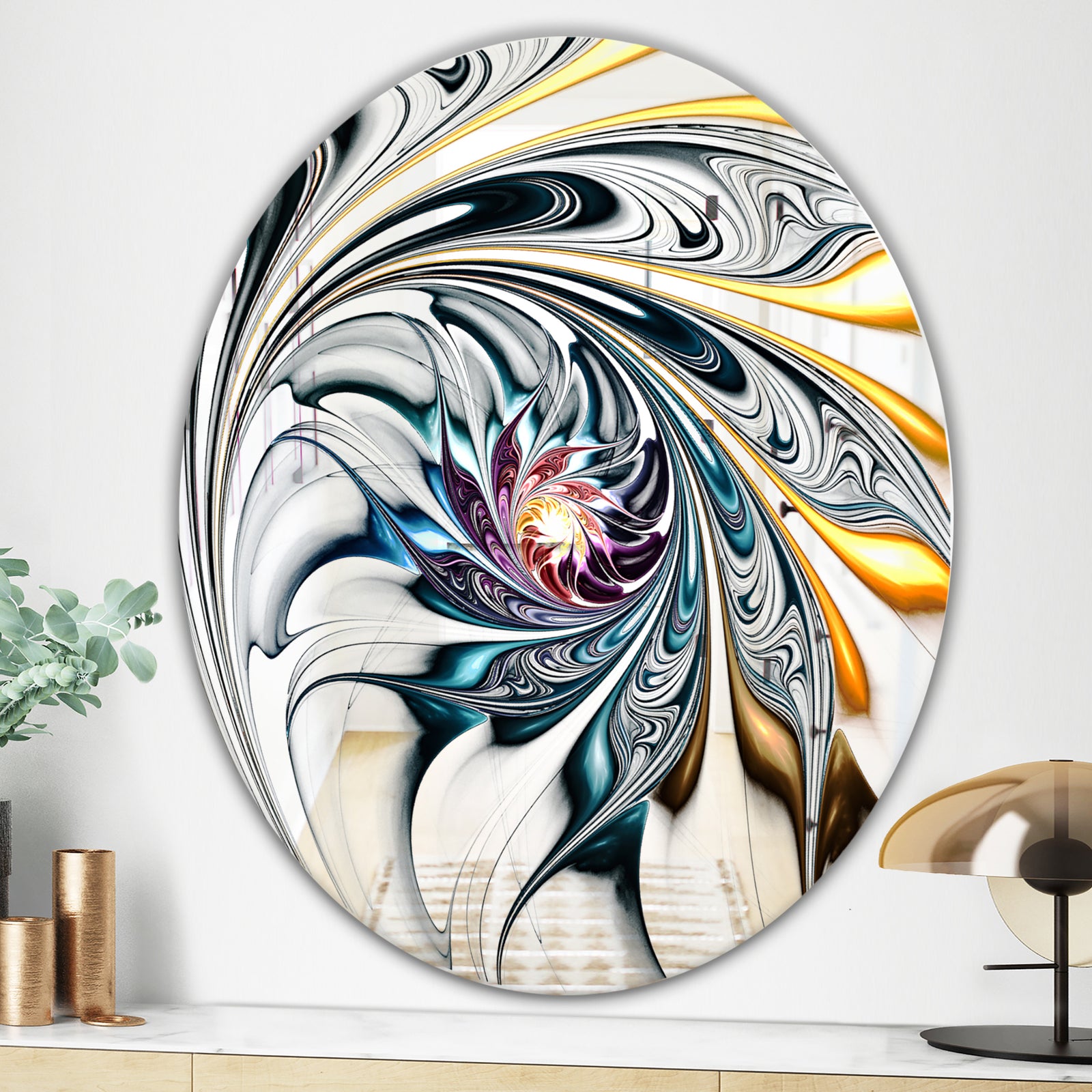 White Stained Glass Floral Art - Modern Mirror - Contemporary Oval or Round Wall Mirror