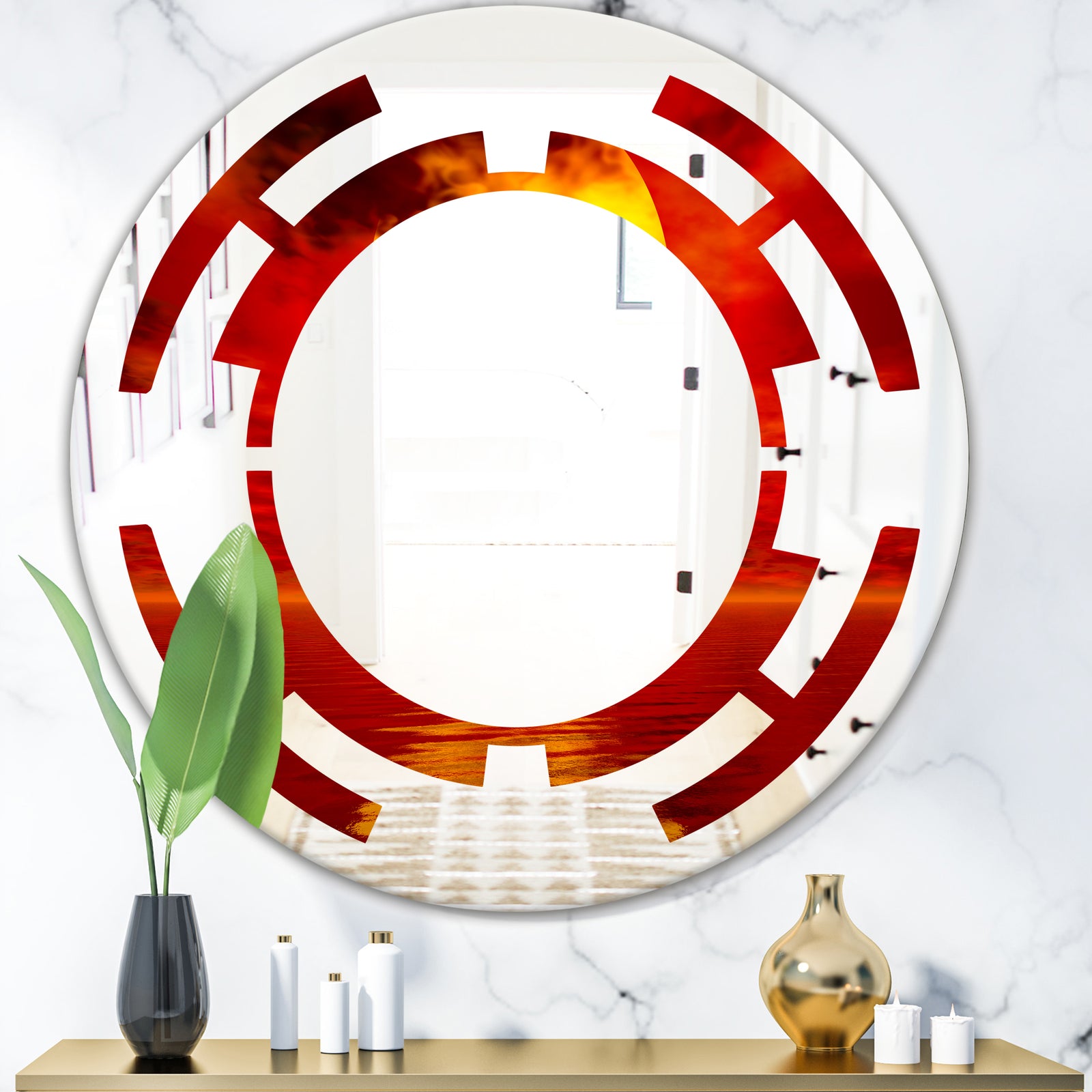 Golden Sun Sinking in Red Waters - Modern Round or Oval Wall Mirror - Space