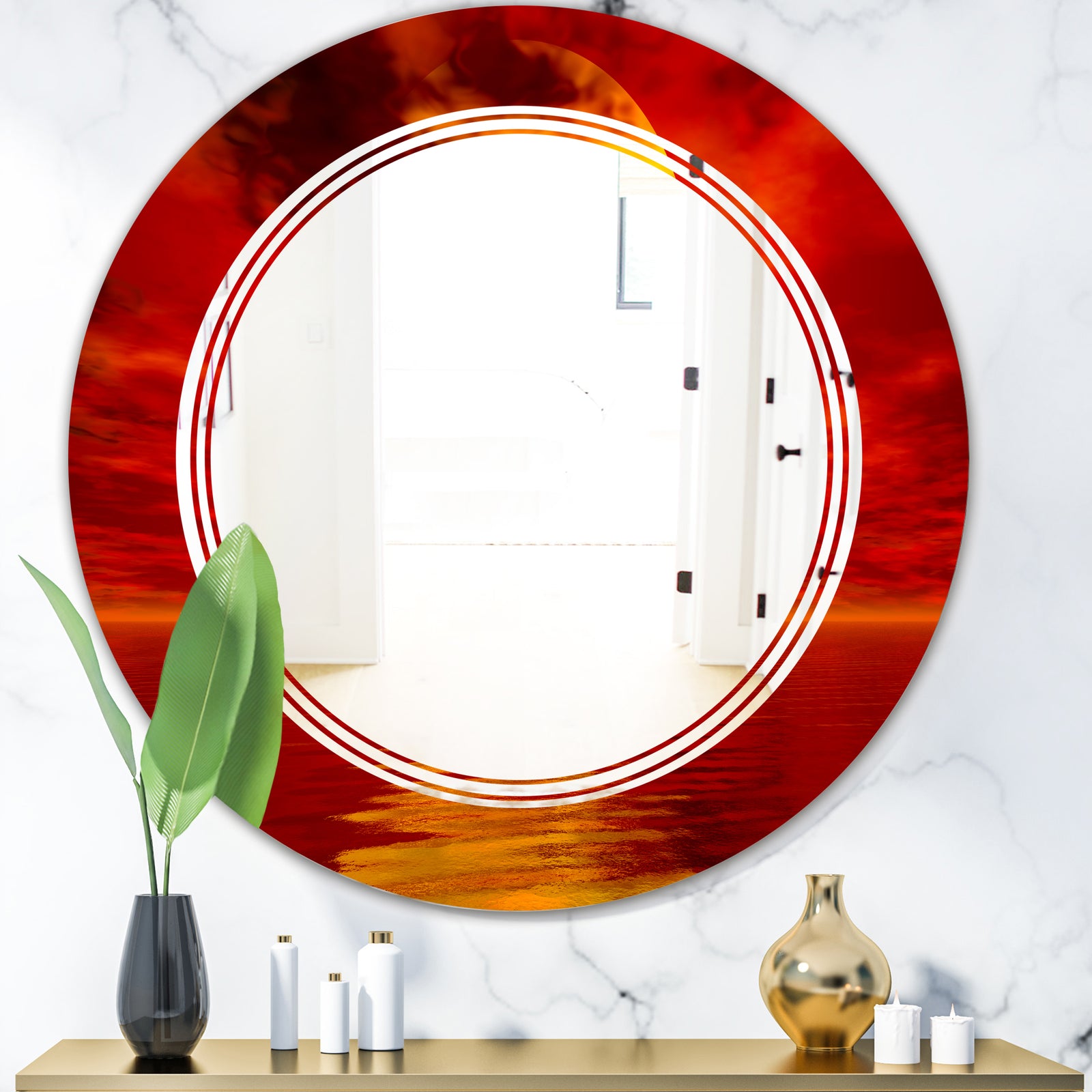 Golden Sun Sinking in Red Waters - Modern Round or Oval Wall Mirror - Triple C