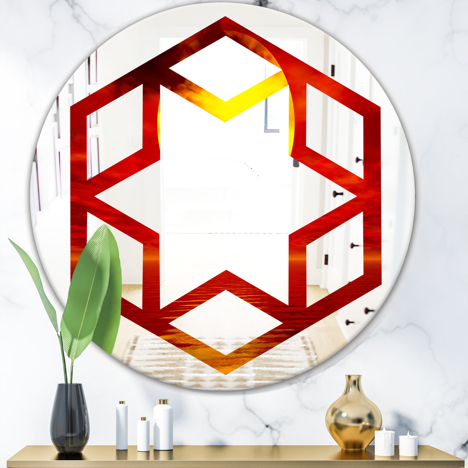 Golden Sun Sinking in Red Waters - Modern Round or Oval Wall Mirror - Hexagon Star