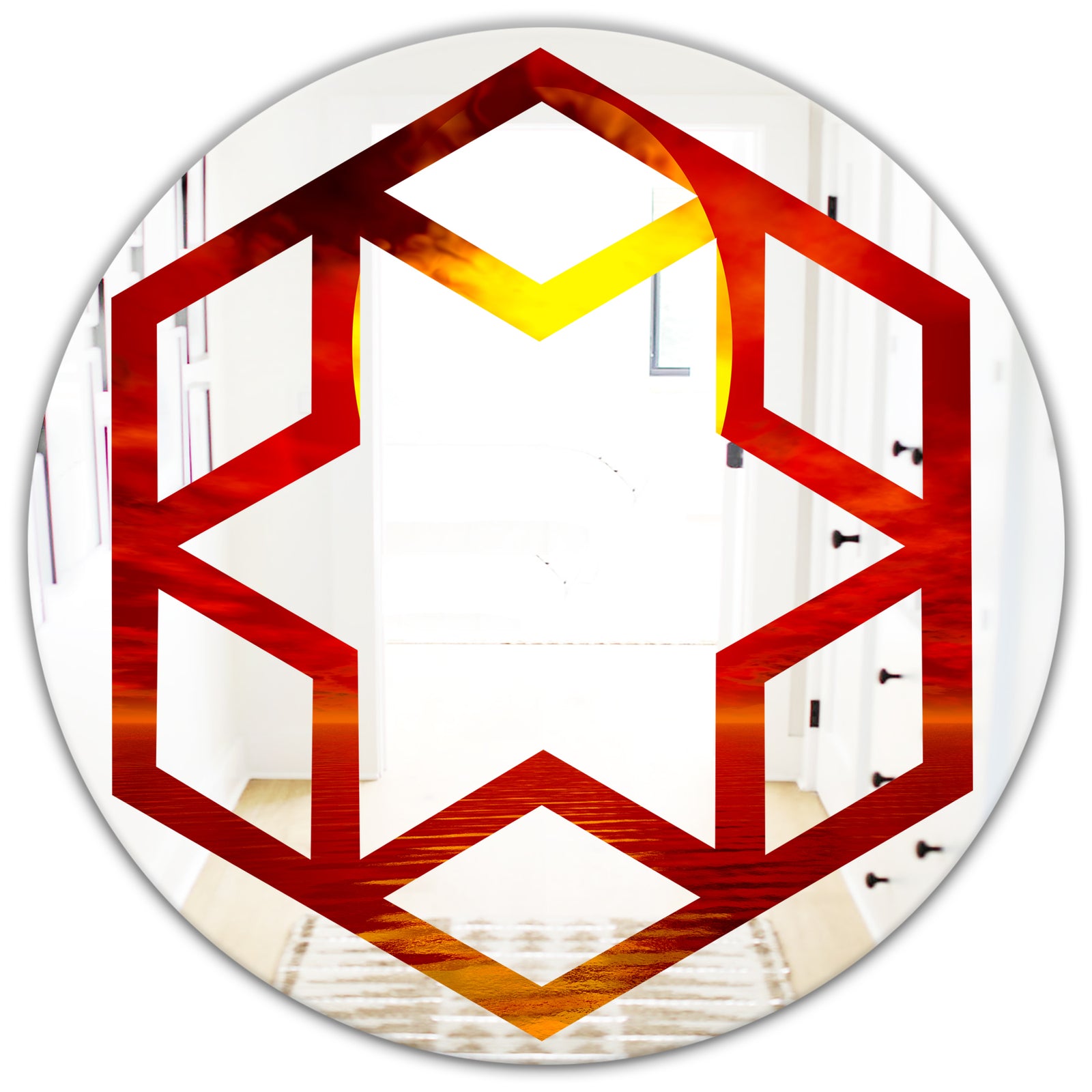 Golden Sun Sinking in Red Waters - Modern Round or Oval Wall Mirror - Hexagon Star