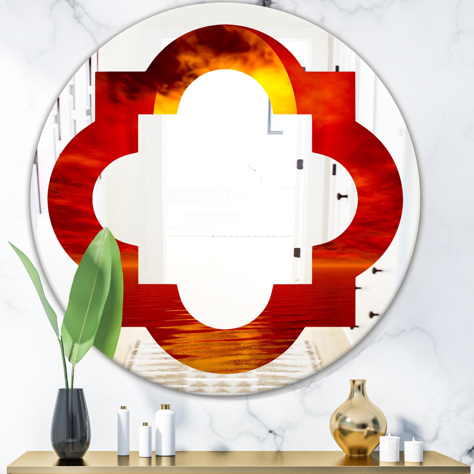 Golden Sun Sinking in Red Waters - Modern Round or Oval Wall Mirror - Quatrefoil