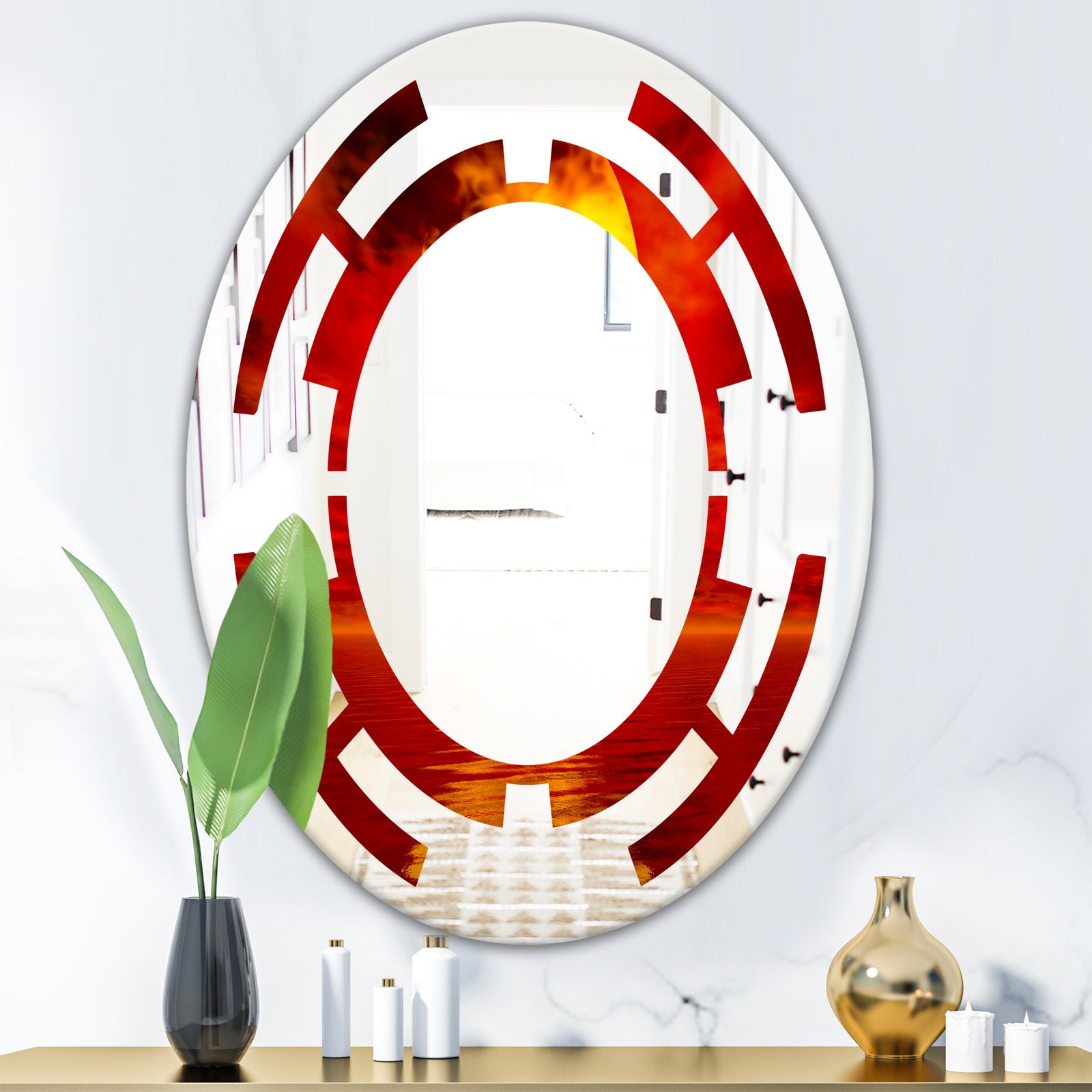 Golden Sun Sinking in Red Waters - Modern Round or Oval Wall Mirror - Space