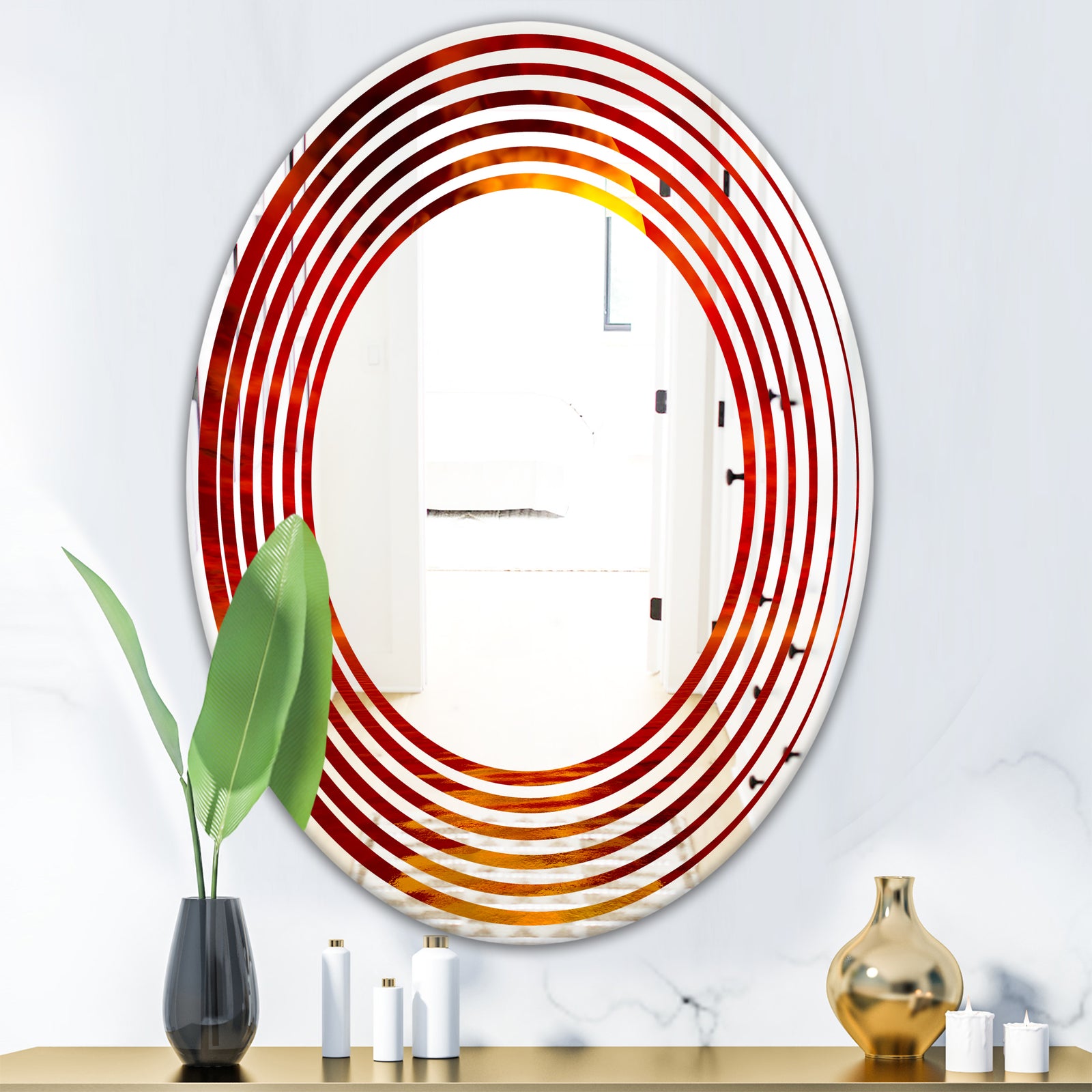 Golden Sun Sinking in Red Waters - Modern Round or Oval Wall Mirror - Wave