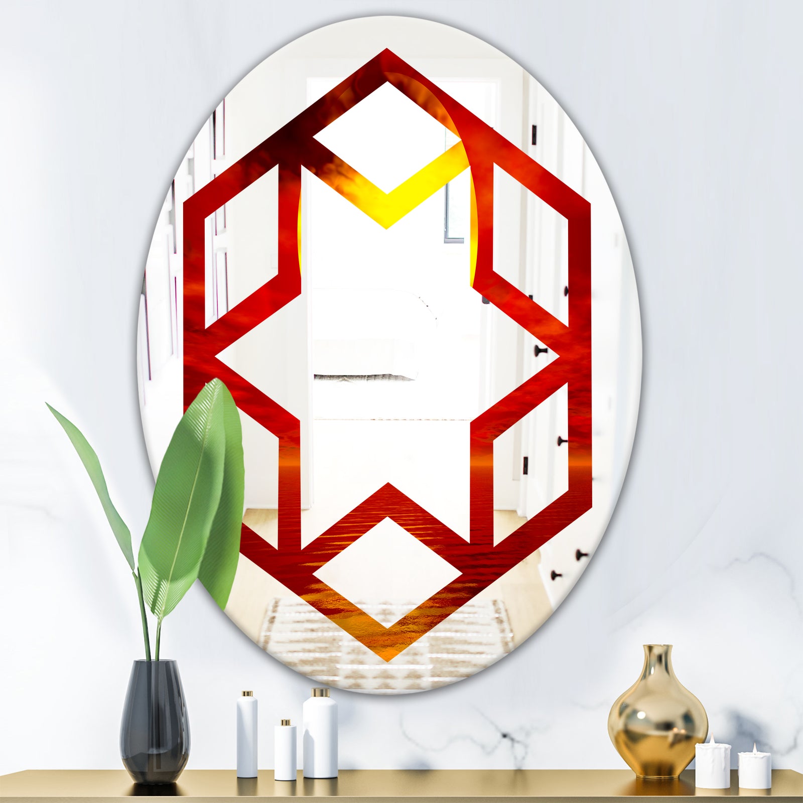 Golden Sun Sinking in Red Waters - Modern Round or Oval Wall Mirror - Hexagon Star