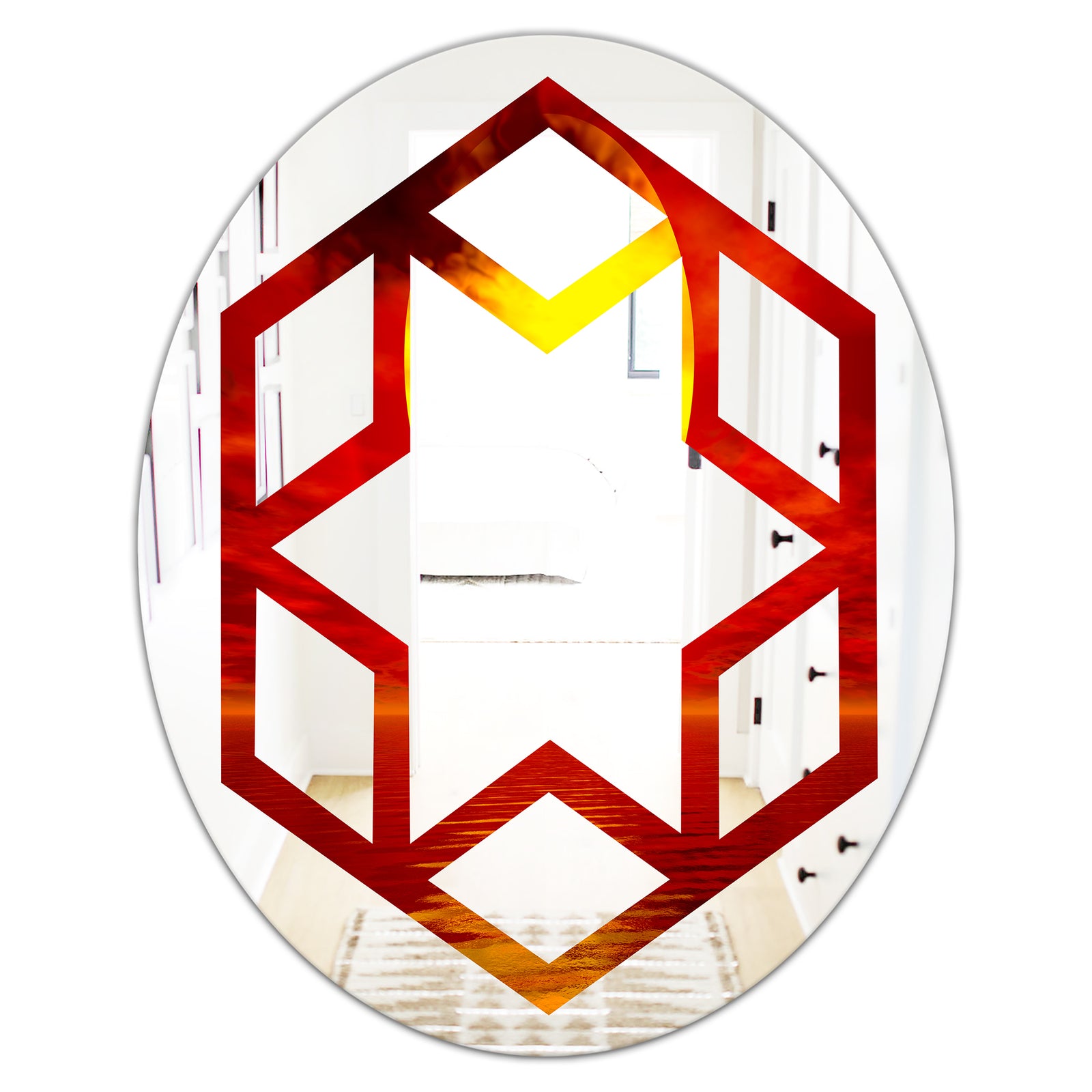 Golden Sun Sinking in Red Waters - Modern Round or Oval Wall Mirror - Hexagon Star