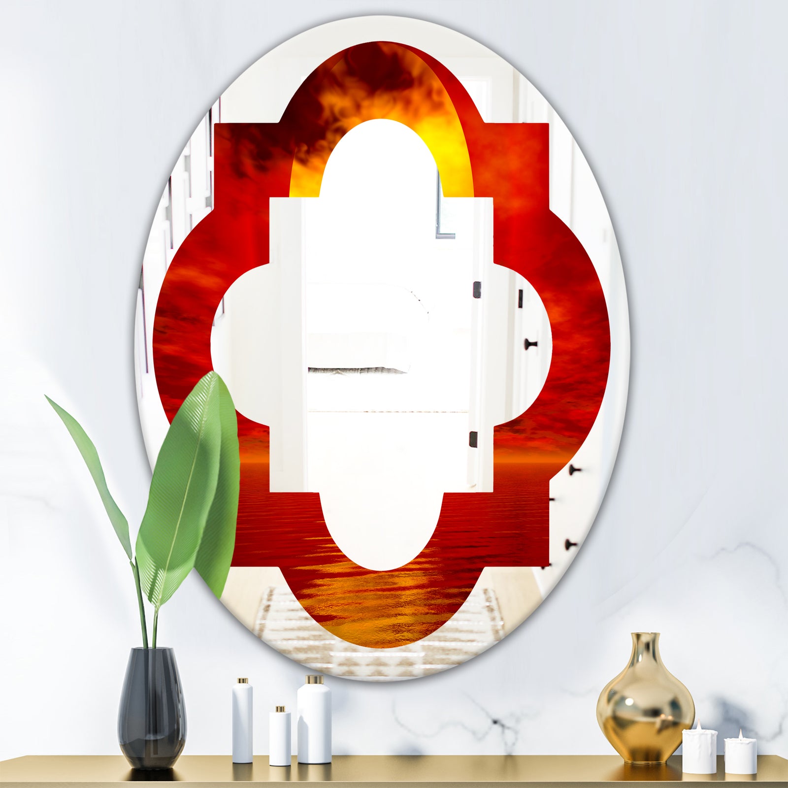 Golden Sun Sinking in Red Waters - Modern Round or Oval Wall Mirror - Quatrefoil