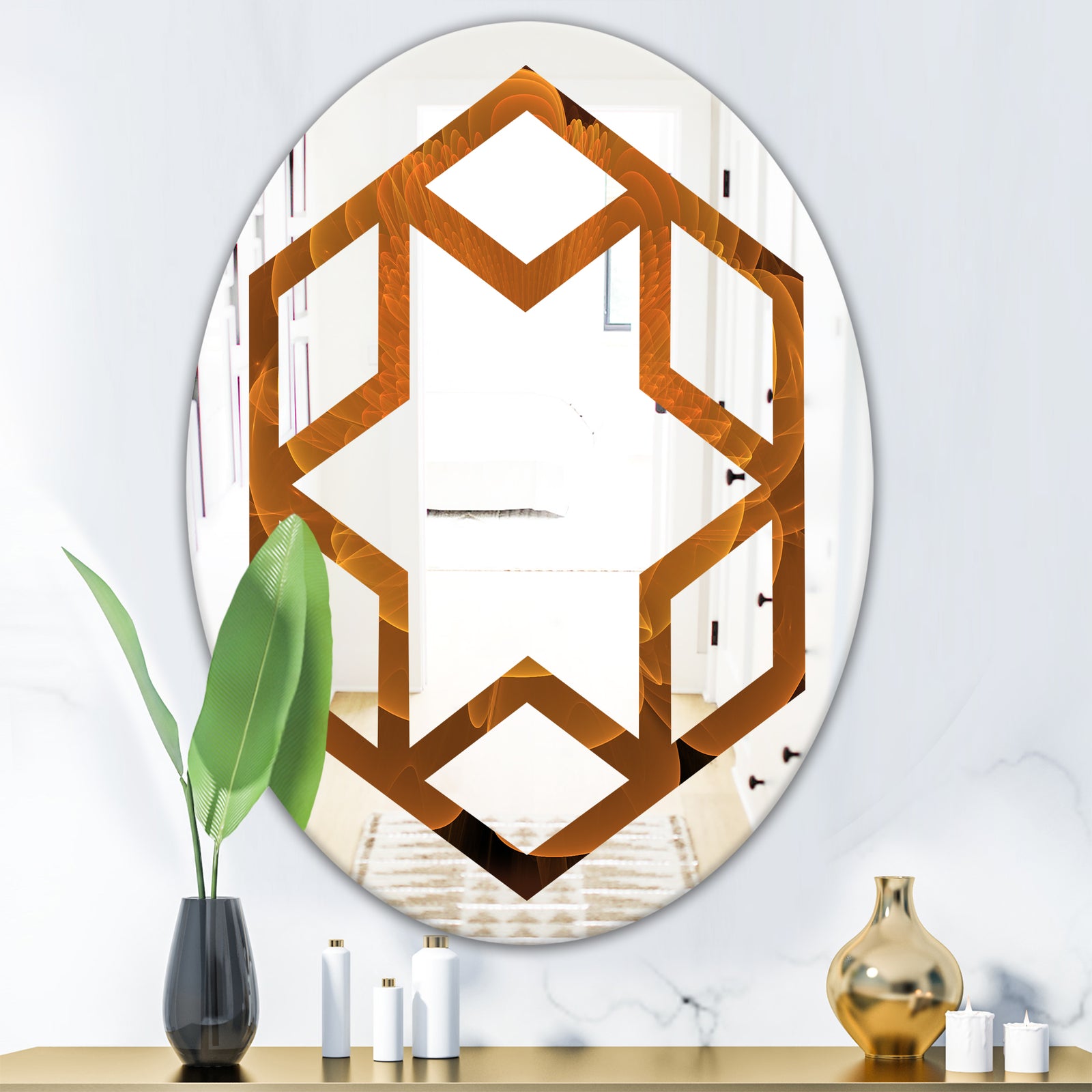 Water Lily Digital Art Fractal Flower - Modern Round or Oval Wall Mirror - Hexagon Star