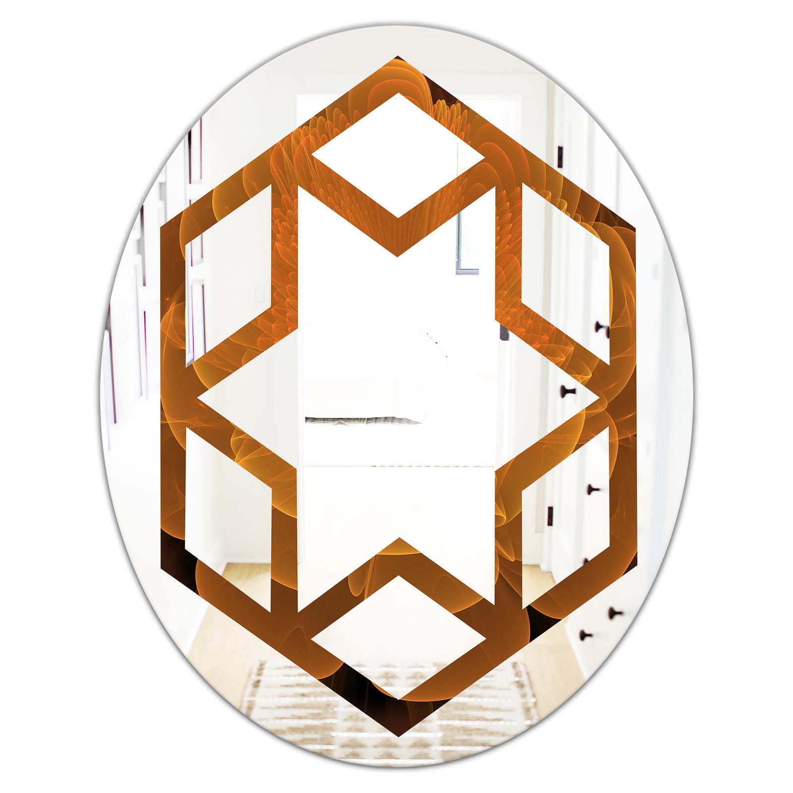 Water Lily Digital Art Fractal Flower - Modern Round or Oval Wall Mirror - Hexagon Star