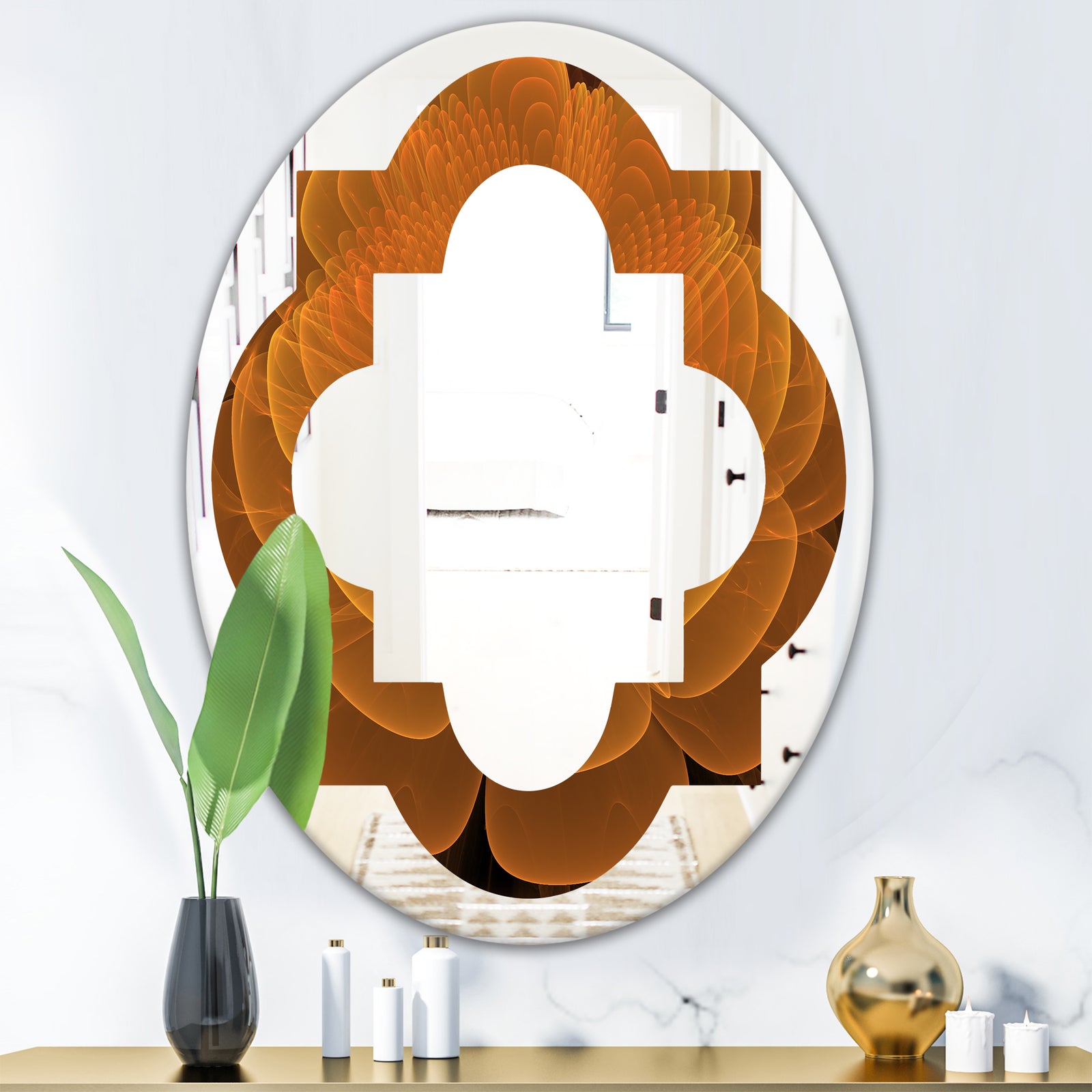 Water Lily Digital Art Fractal Flower - Modern Round or Oval Wall Mirror - Quatrefoil
