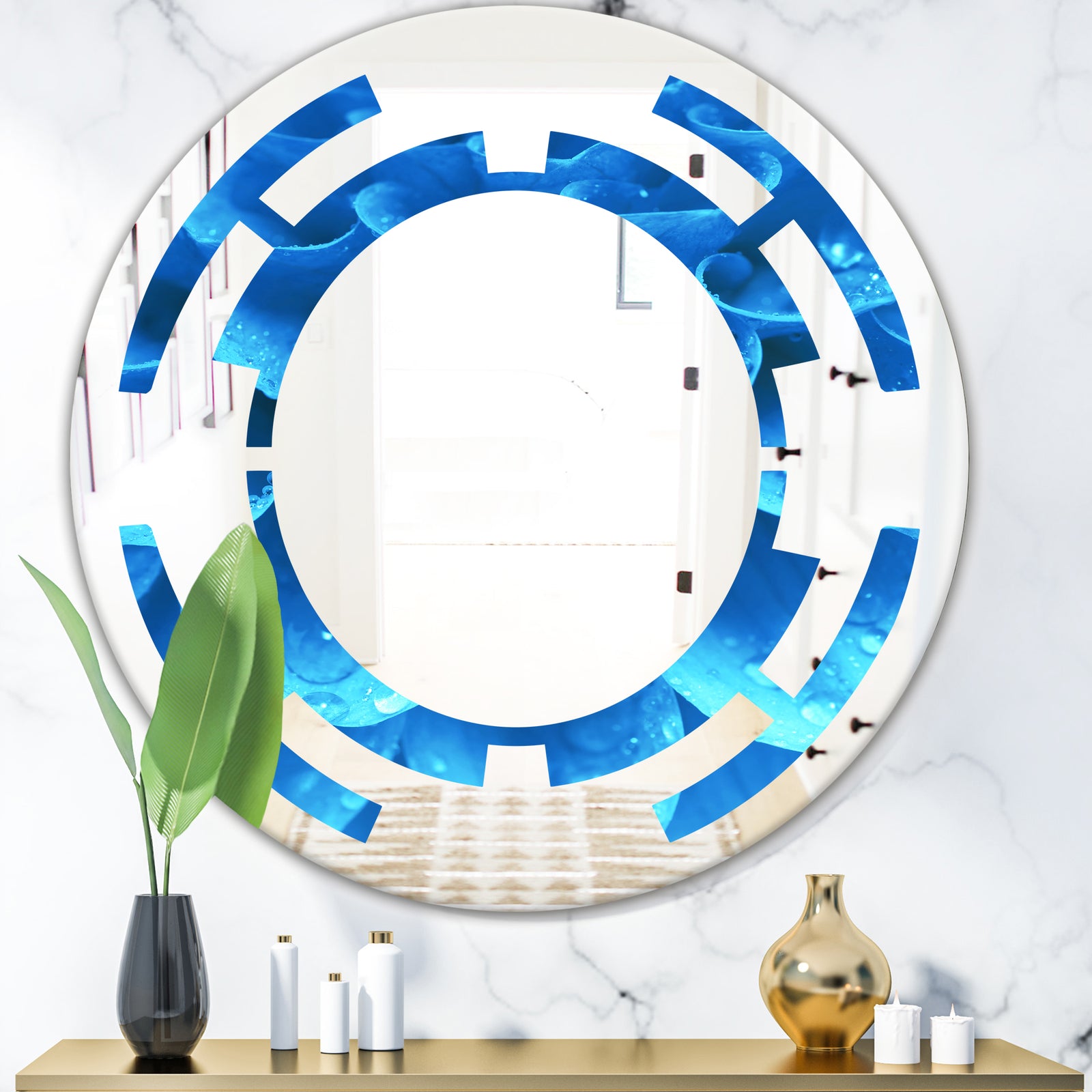 Large Light Blue Flower and Petals - Modern Round or Oval Wall Mirror - Space