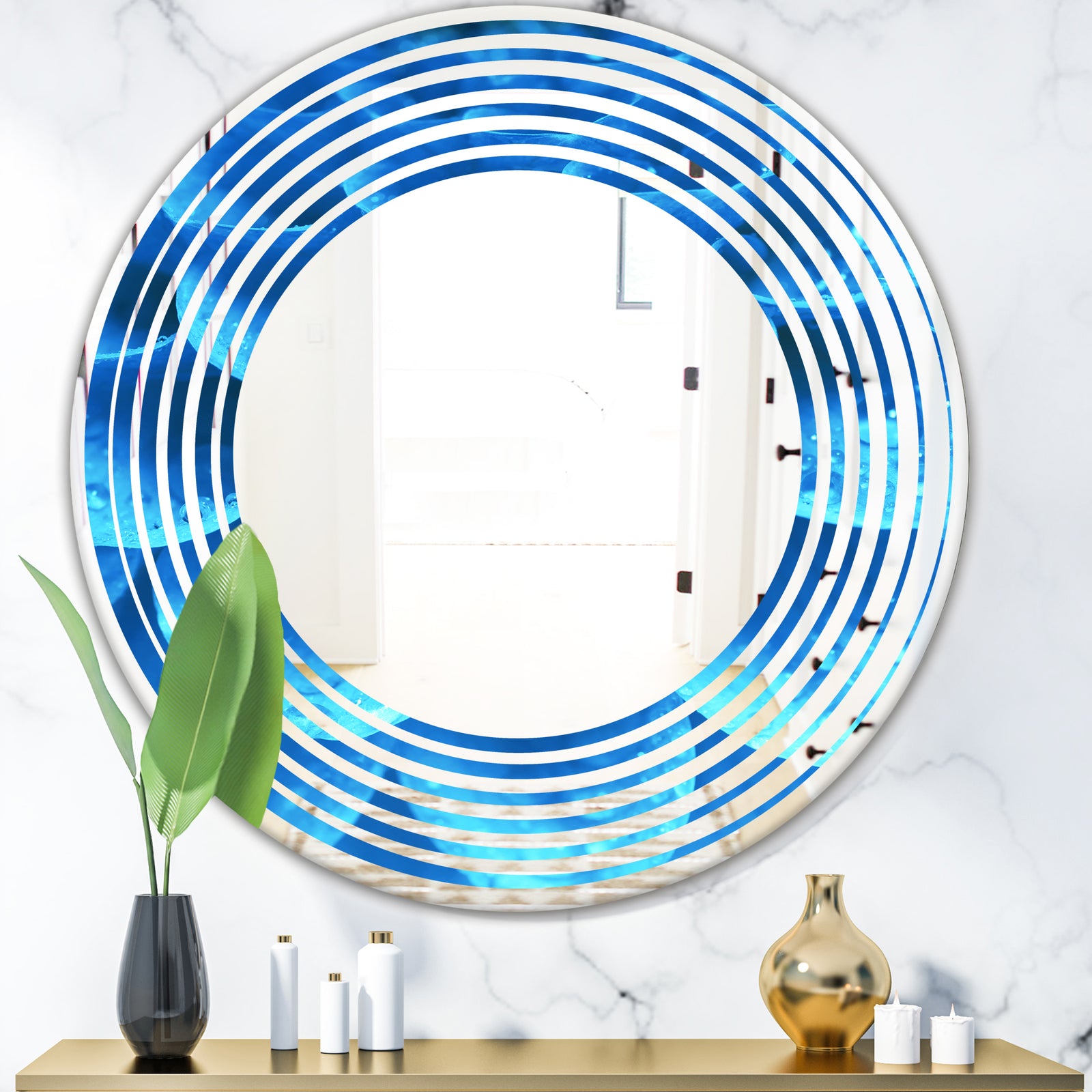 Large Light Blue Flower and Petals - Modern Round or Oval Wall Mirror - Wave