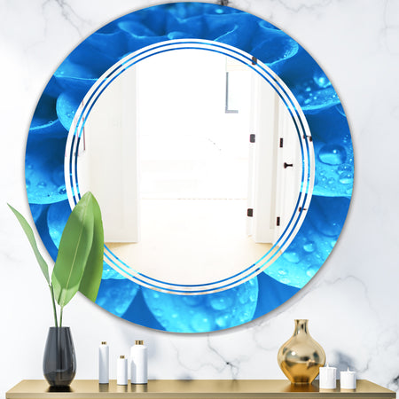 Large Light Blue Flower and Petals - Modern Round or Oval Wall Mirror - Triple C