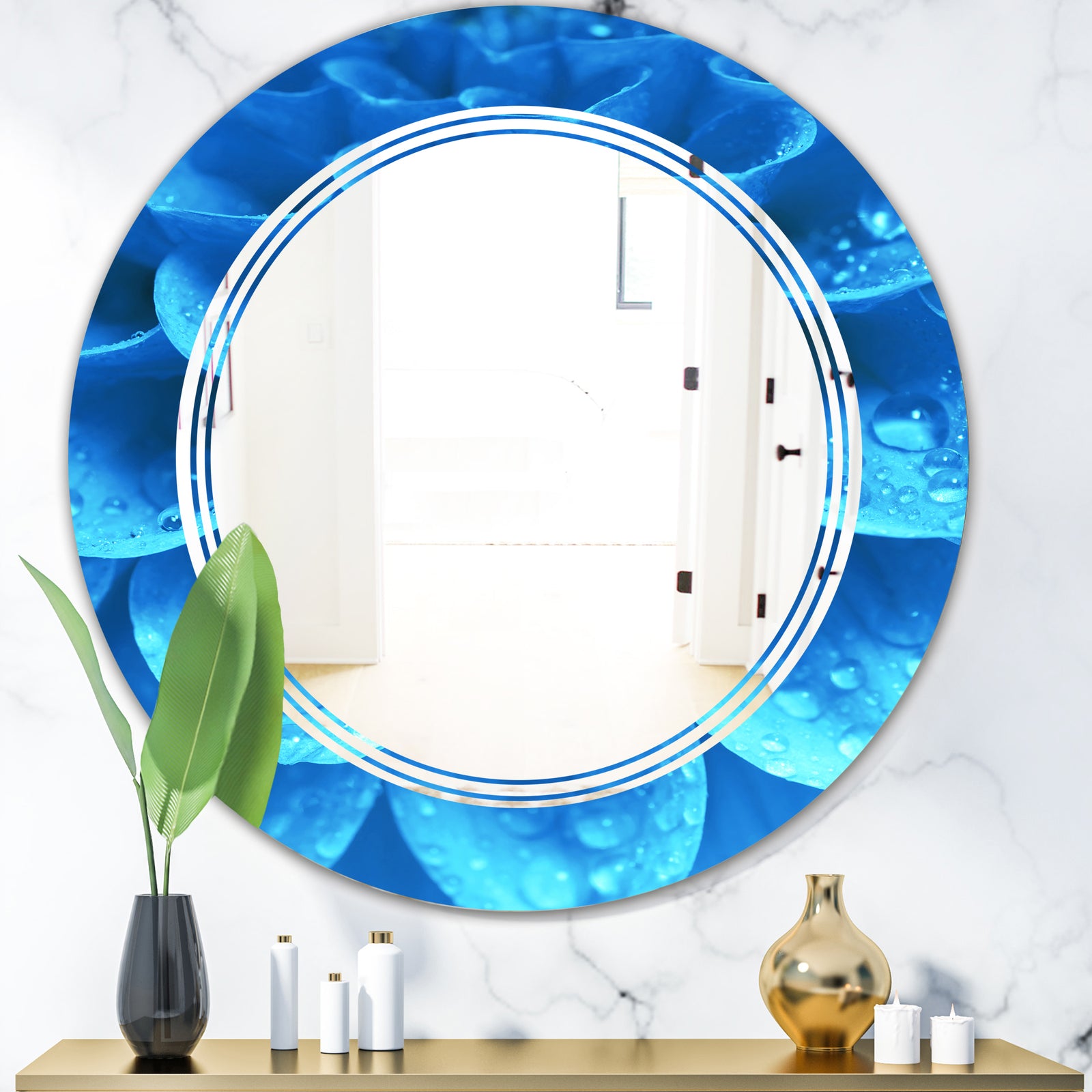 Large Light Blue Flower and Petals - Modern Round or Oval Wall Mirror - Triple C