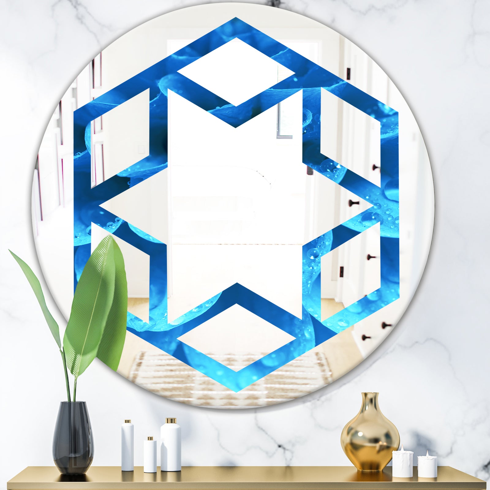 Large Light Blue Flower and Petals - Modern Round or Oval Wall Mirror - Hexagon Star