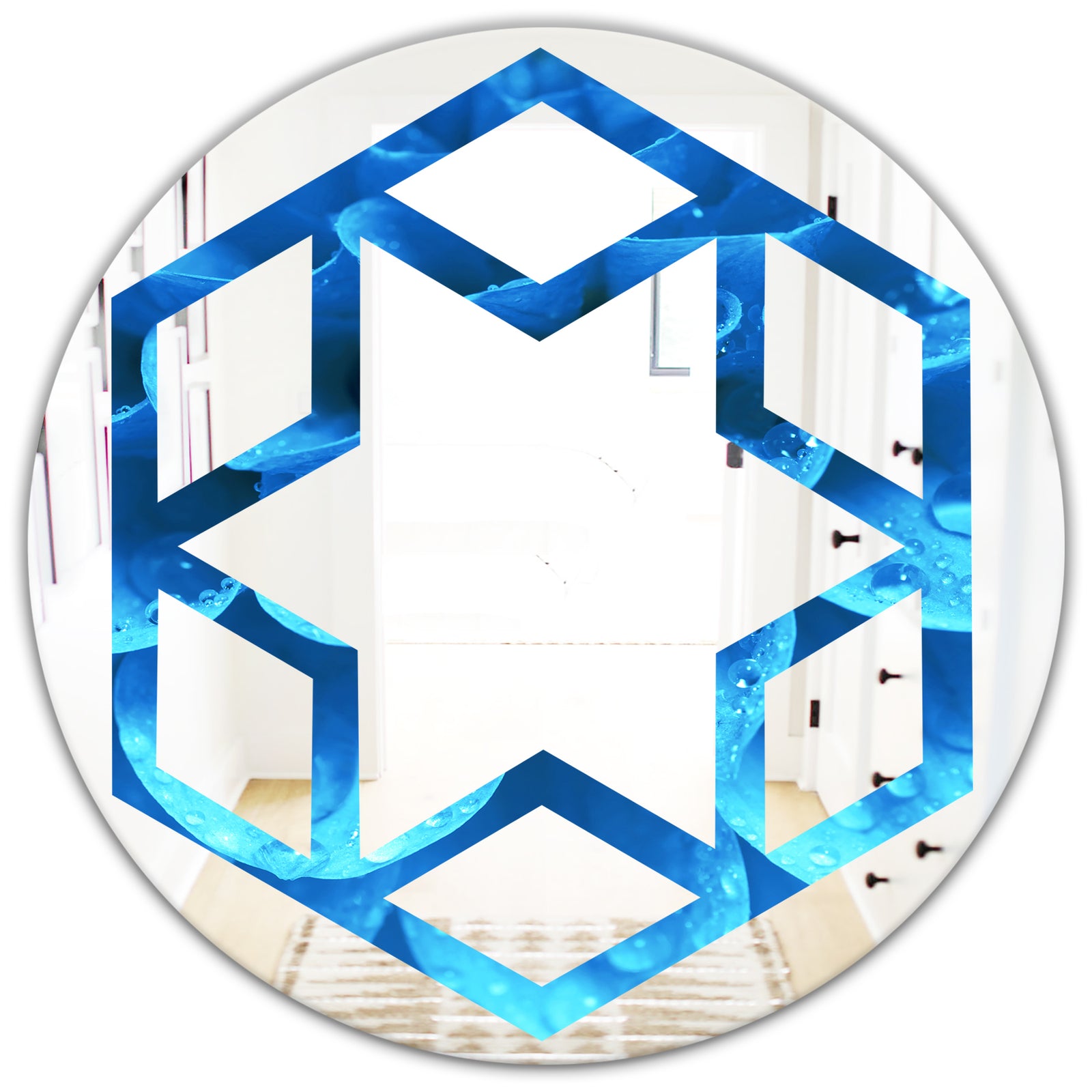 Large Light Blue Flower and Petals - Modern Round or Oval Wall Mirror - Hexagon Star