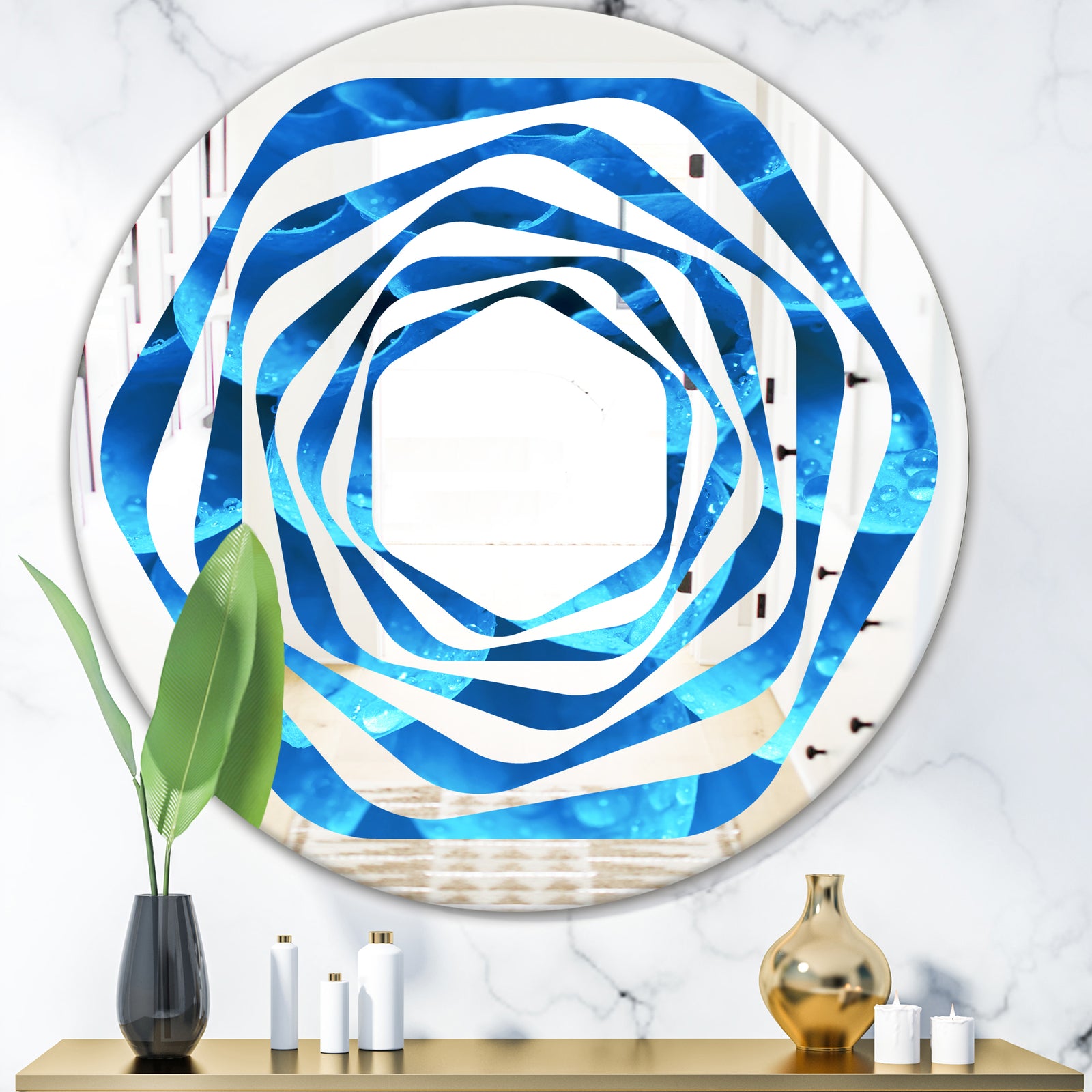 Large Light Blue Flower and Petals - Modern Round or Oval Wall Mirror - Whirl