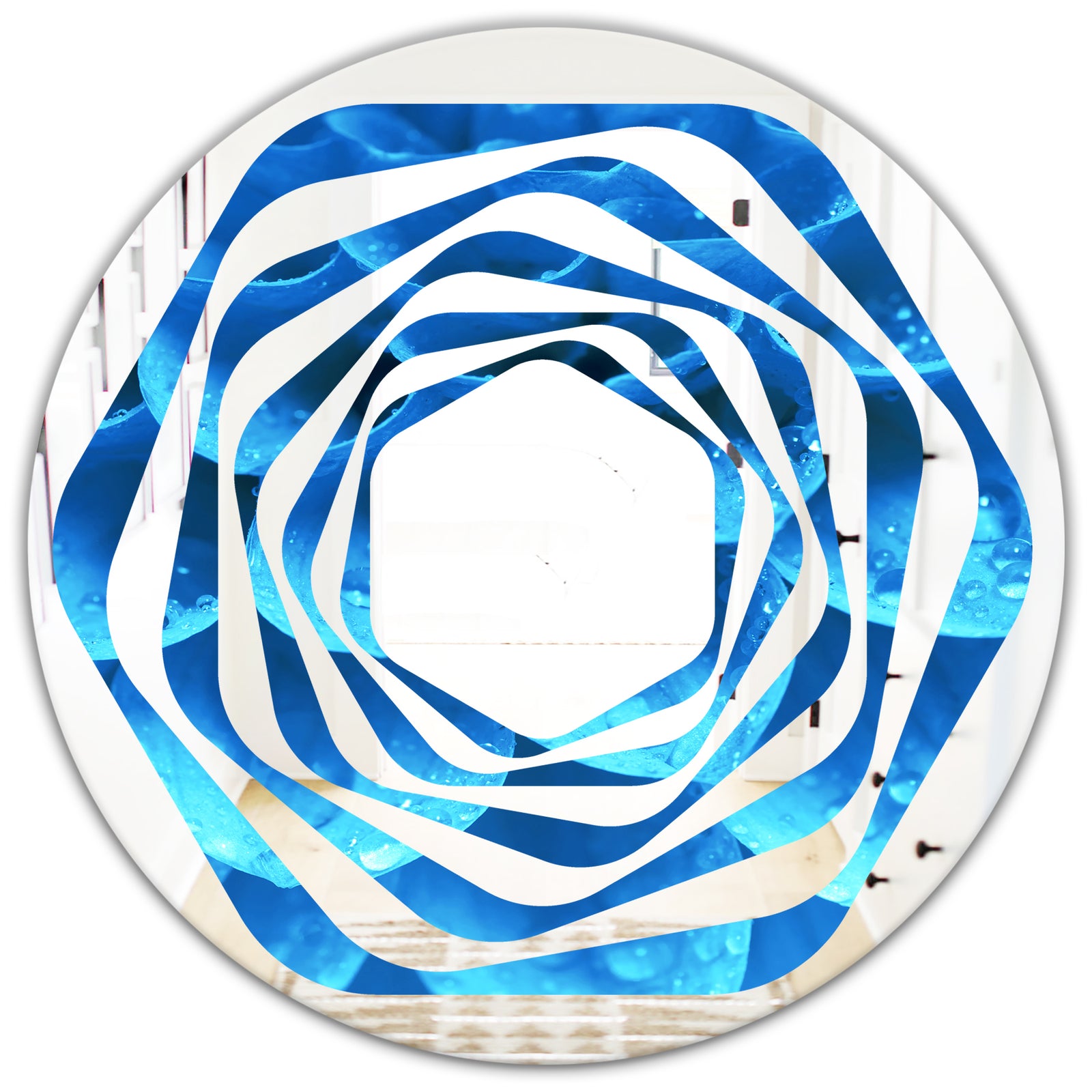 Large Light Blue Flower and Petals - Modern Round or Oval Wall Mirror - Whirl