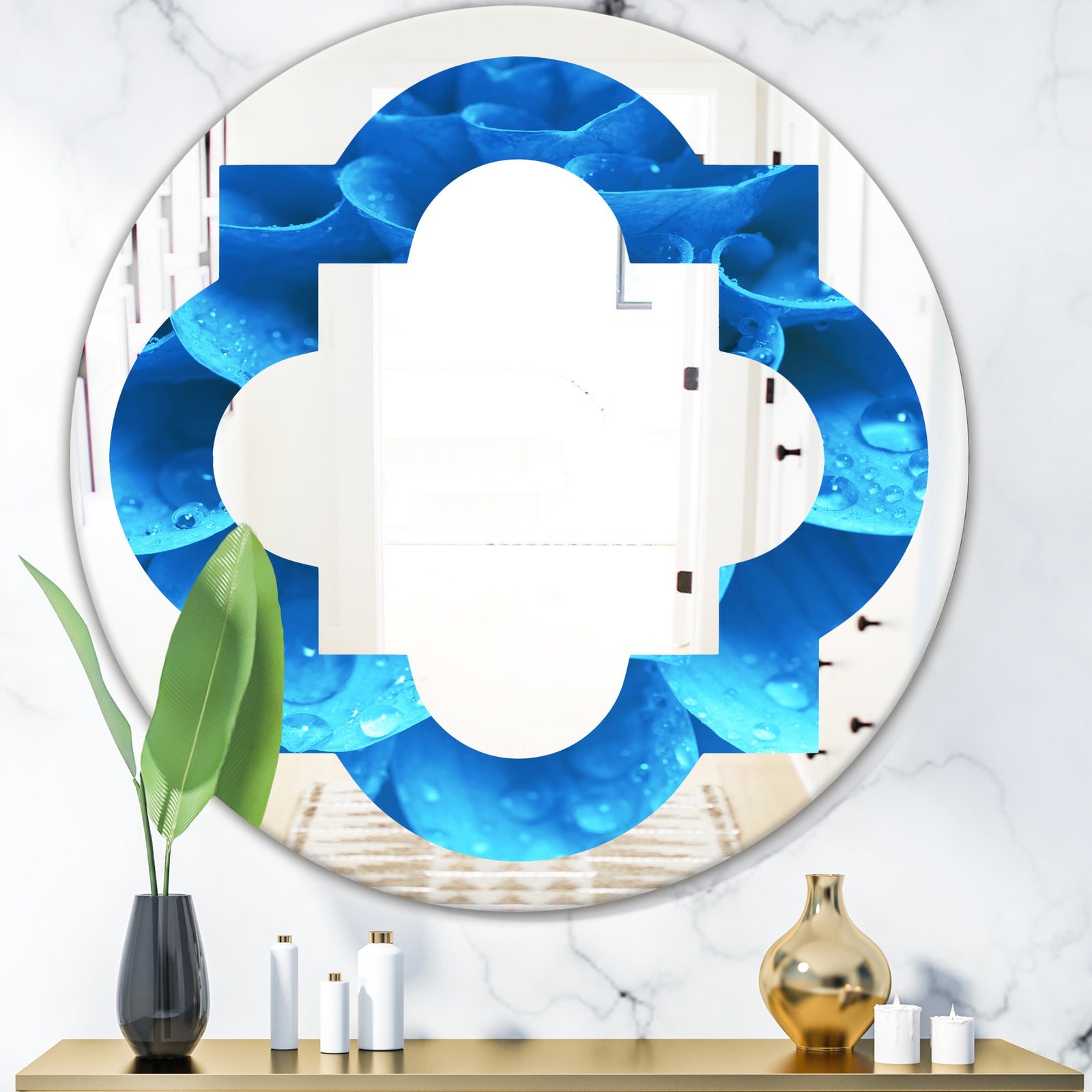Large Light Blue Flower and Petals - Modern Round or Oval Wall Mirror - Quatrefoil