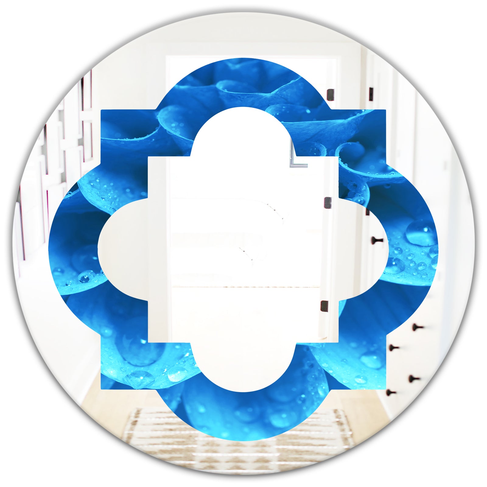 Large Light Blue Flower and Petals - Modern Round or Oval Wall Mirror - Quatrefoil