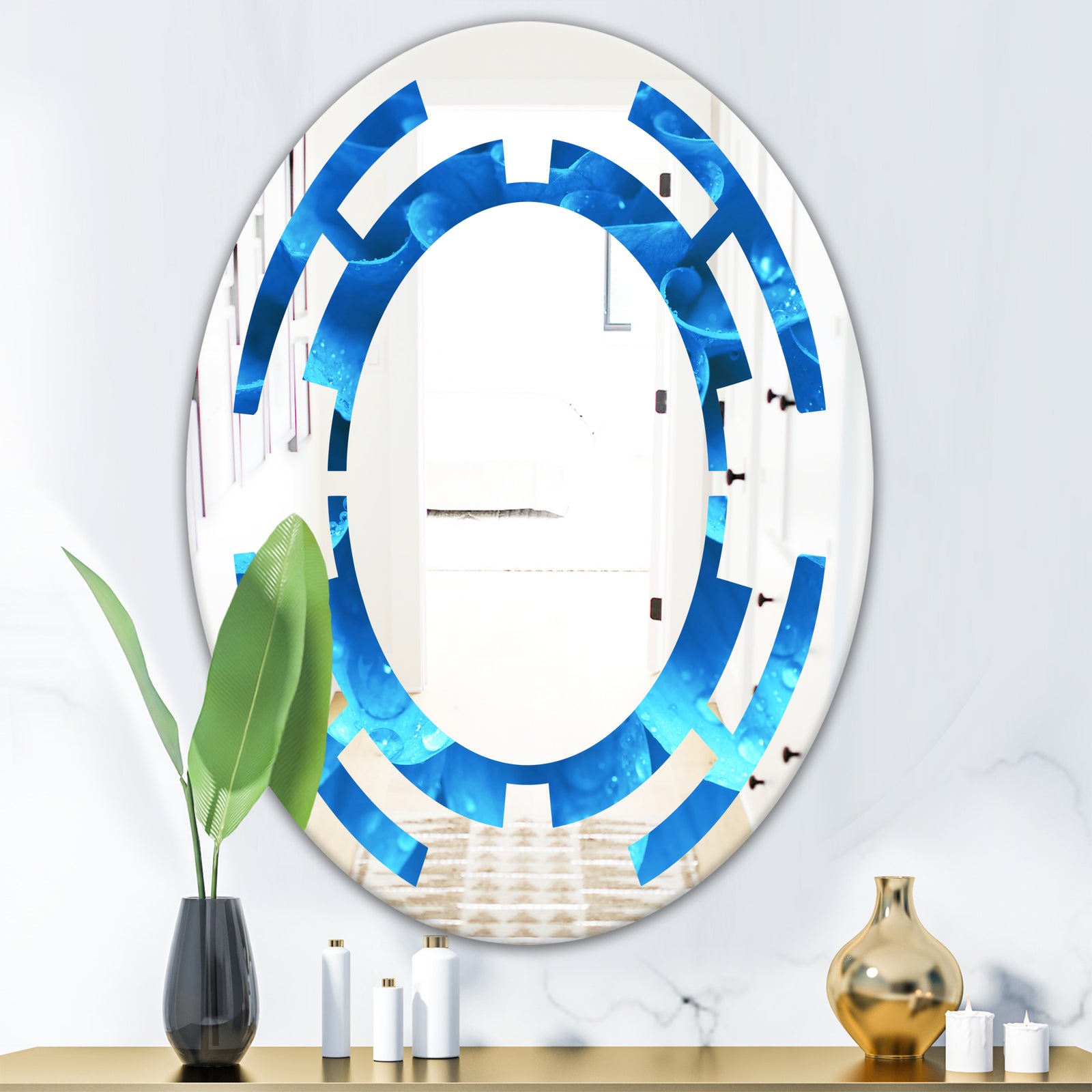 Large Light Blue Flower and Petals - Modern Round or Oval Wall Mirror - Space