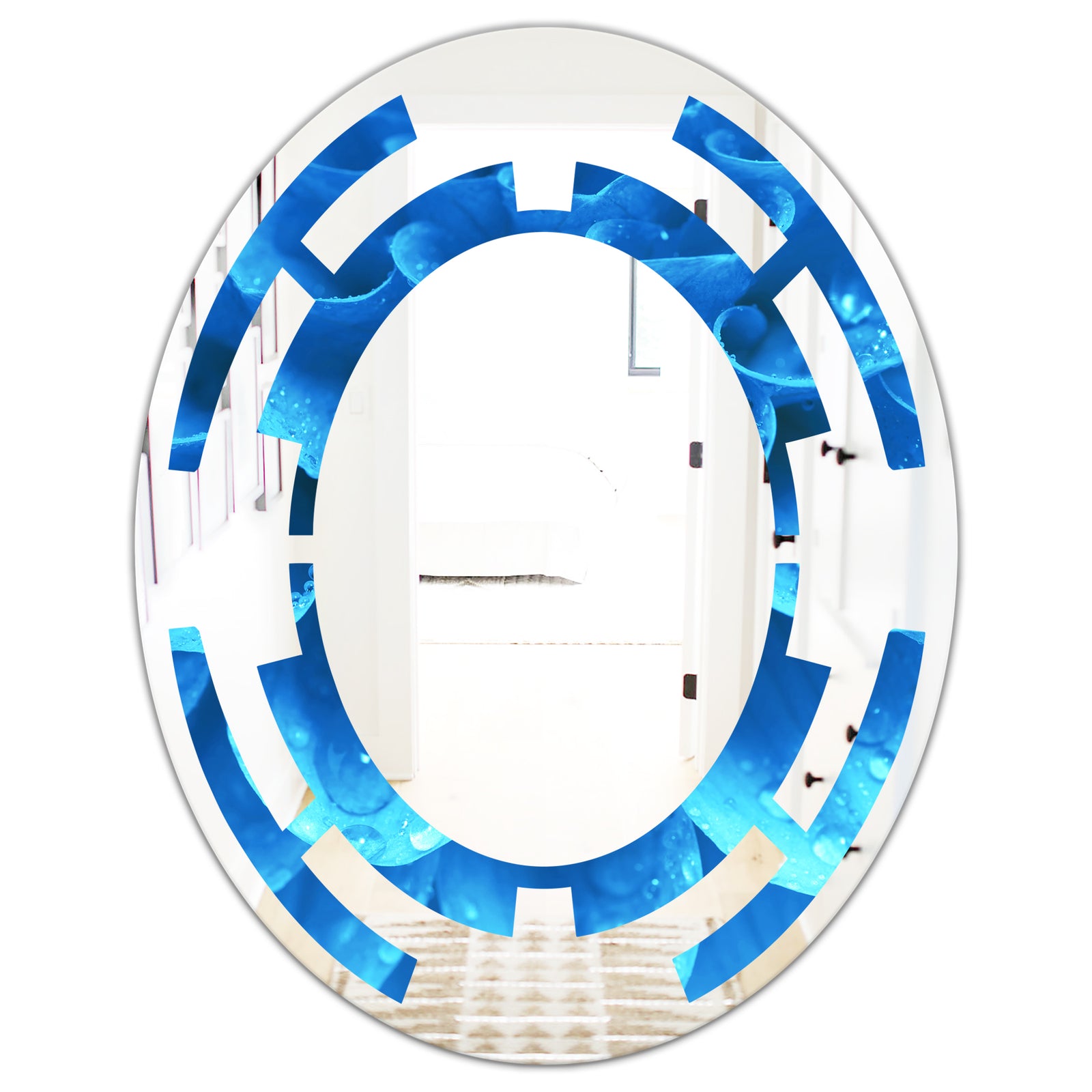 Large Light Blue Flower and Petals - Modern Round or Oval Wall Mirror - Space