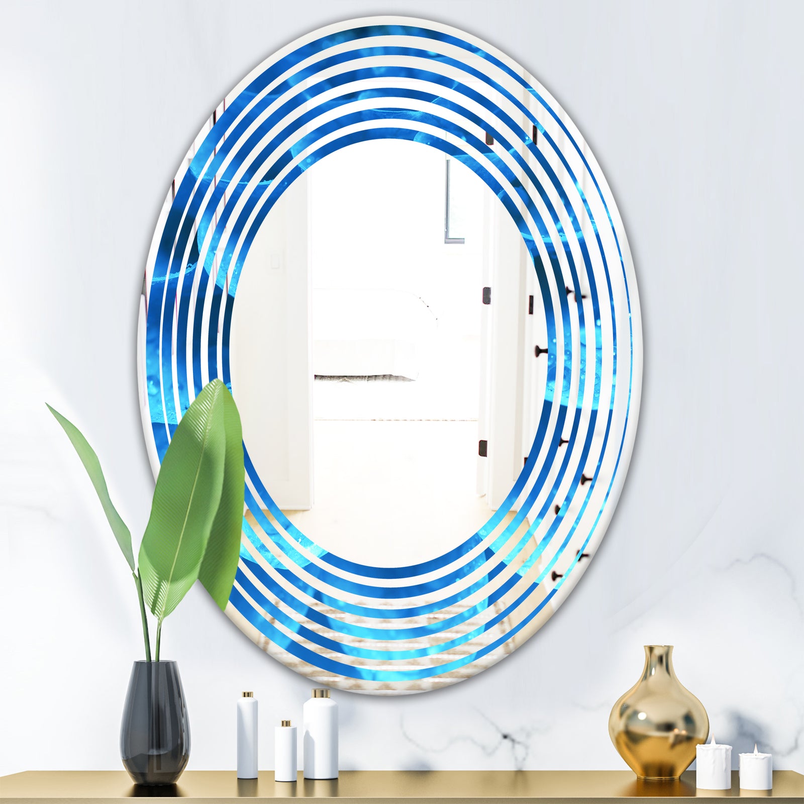 Large Light Blue Flower and Petals - Modern Round or Oval Wall Mirror - Wave